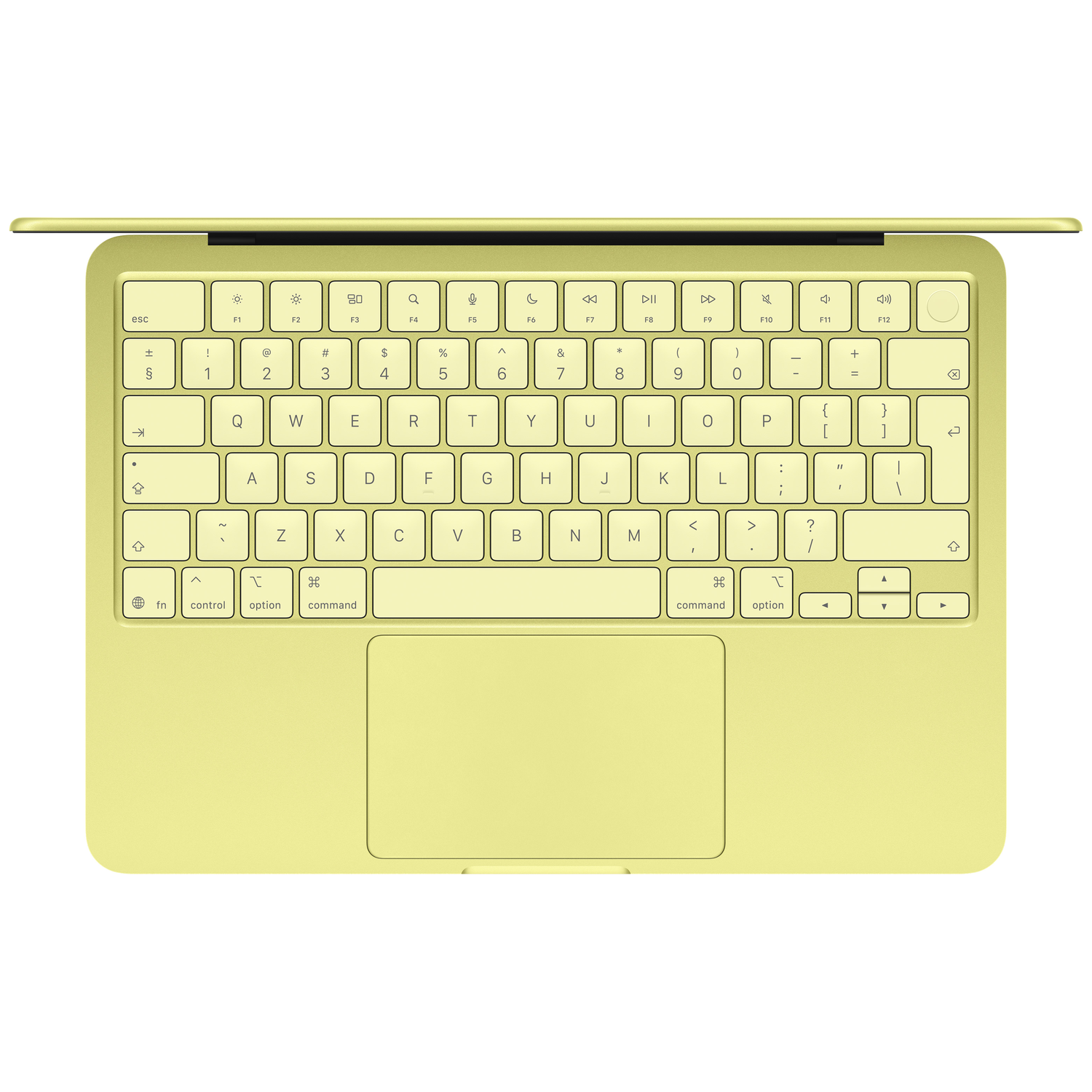 Een geel Apple Magic Keyboard met trackpad wordt van bovenaf getoond op een witte achtergrond.