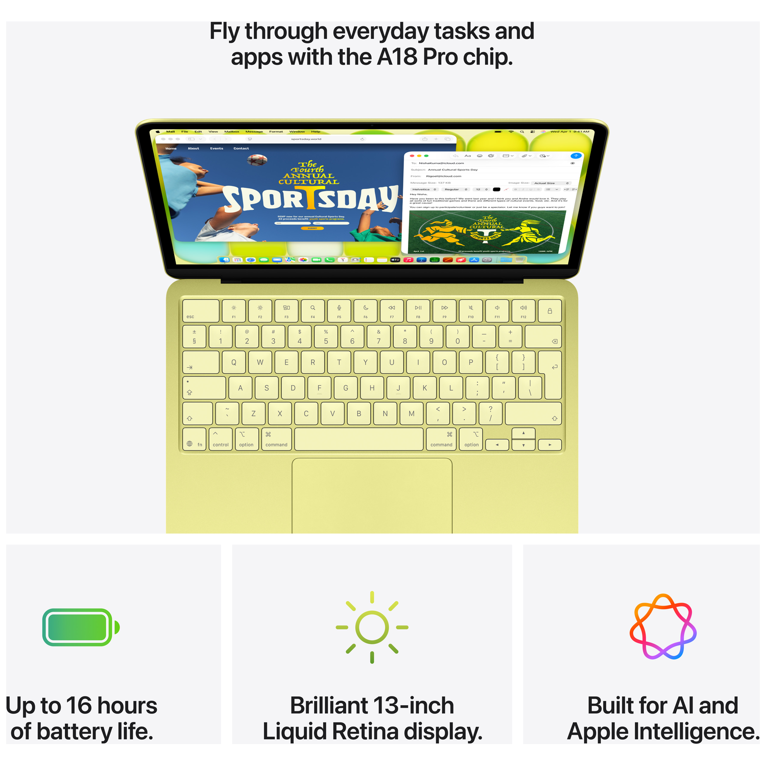 Een lichtgroene laptop met open scherm, waarop een website wordt weergegeven.