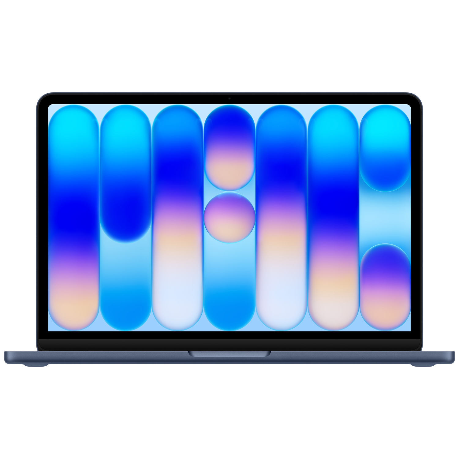 Een blauwe laptop met een kleurrijke, abstracte achtergrondafbeelding.