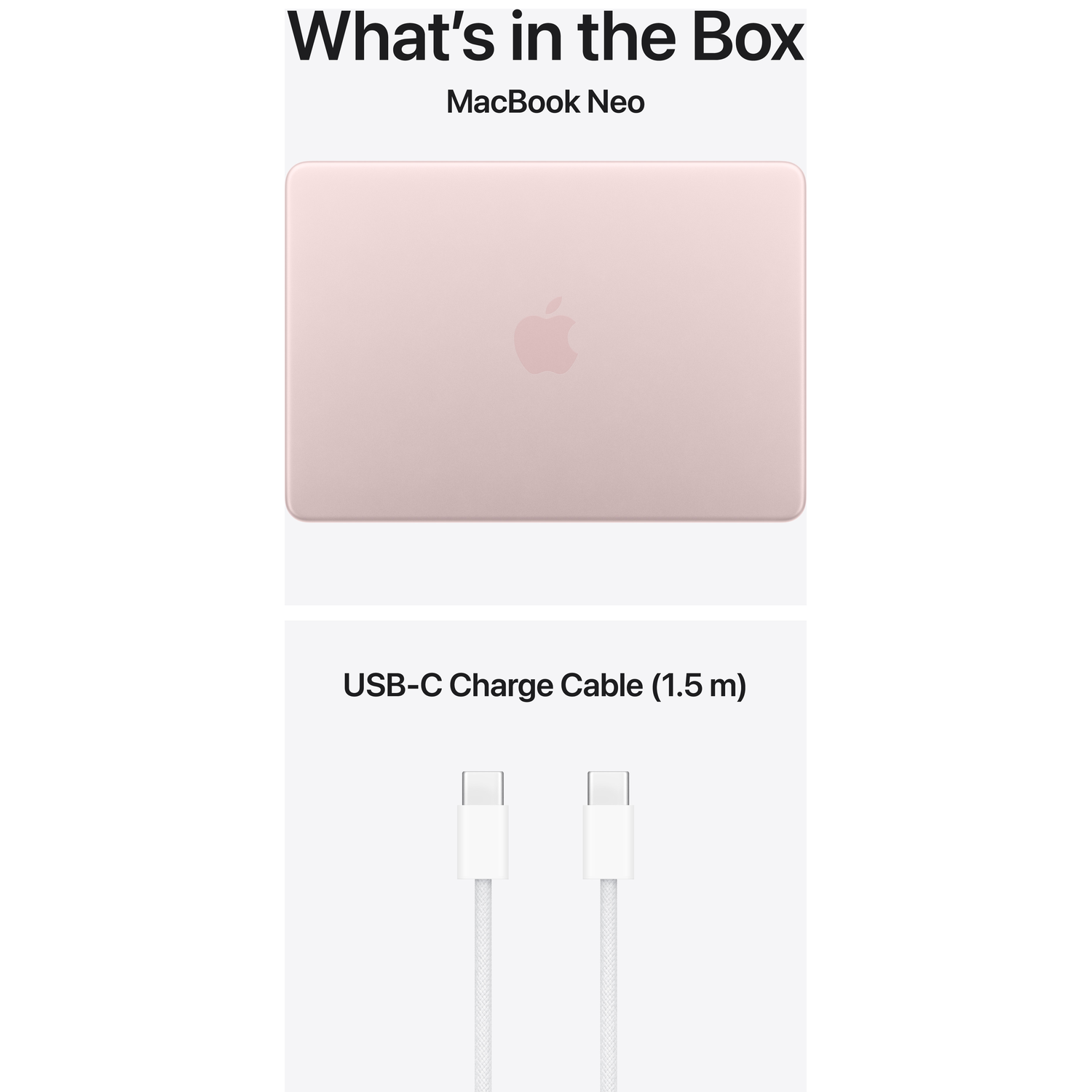 Een roségouden MacBook Neo laptop en een witte USB-C-kabel.