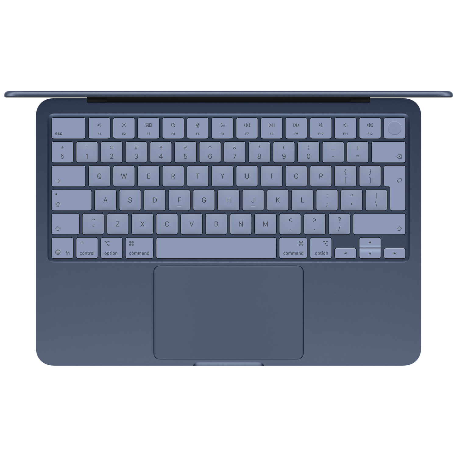 Een blauw toetsenbord met trackpad, van bovenaf gezien.