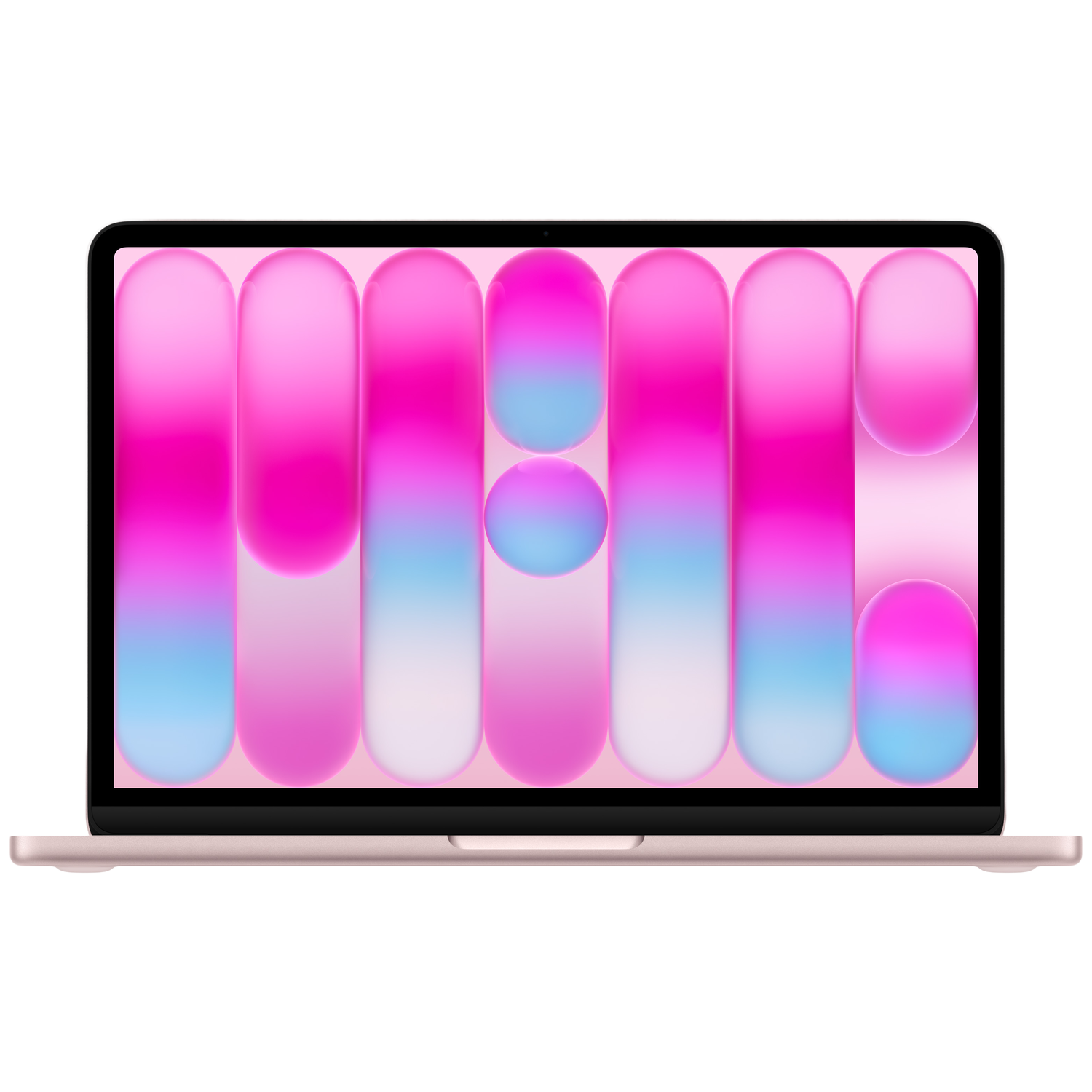Een roségouden laptop met een kleurrijke abstracte achtergrond op het scherm.
