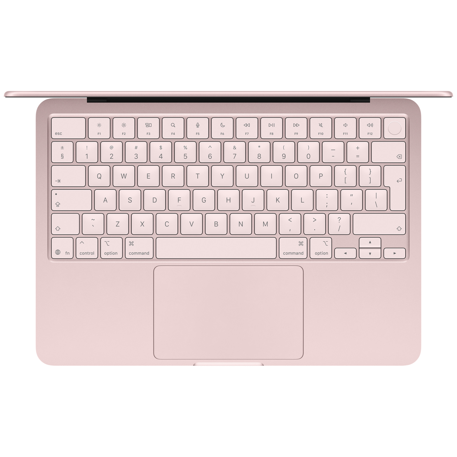 Een roze laptop toetsenbord met een trackpad. De toetsen zijn lichtroze.