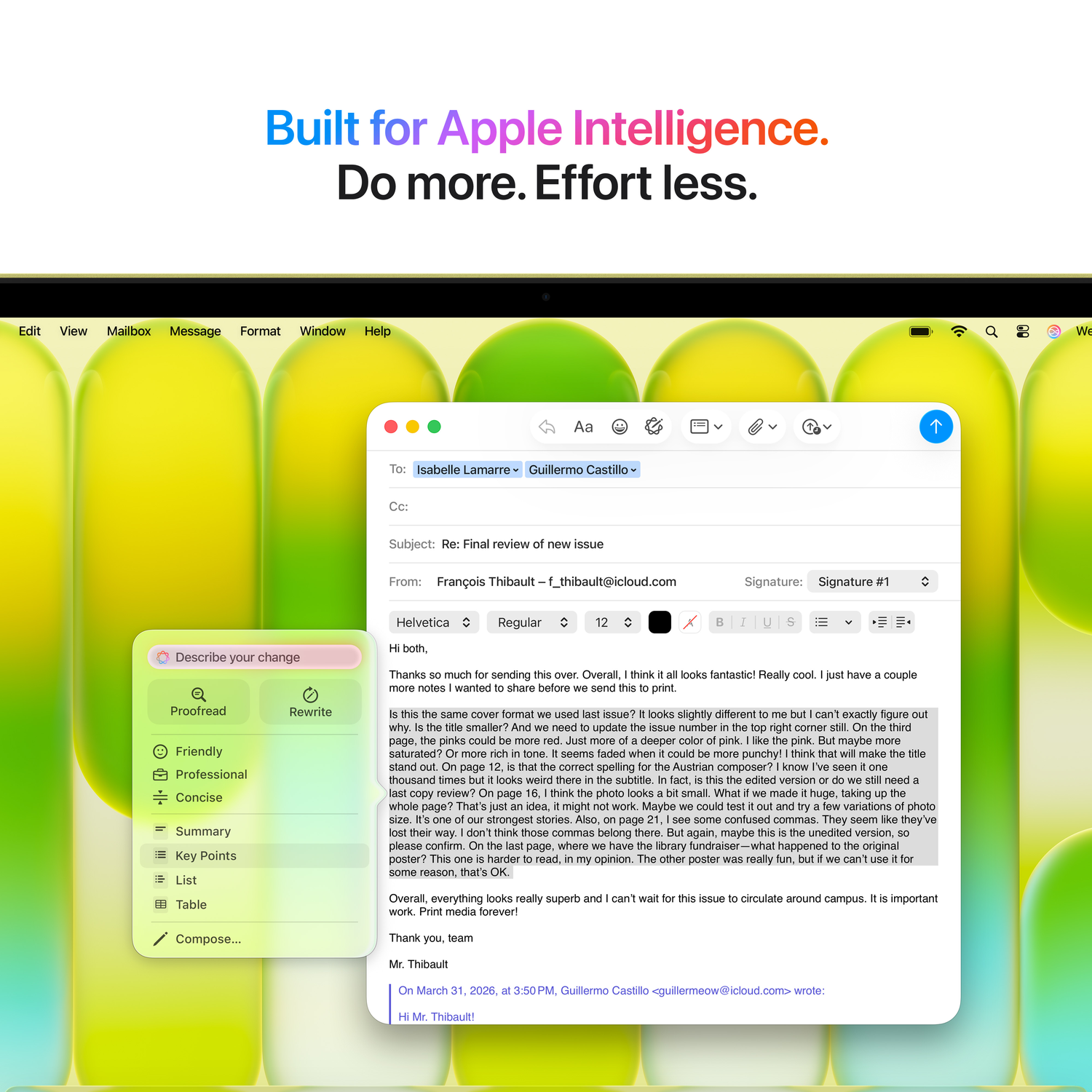 Apple Intelligence advertentie met e-mailvenster dat om beoordeling vraagt.