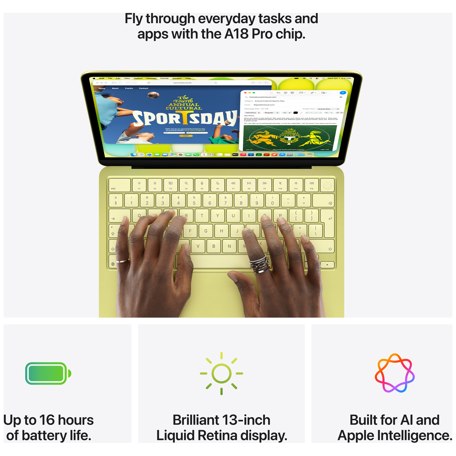 Een gele laptop met handen op het toetsenbord. Onder: pictogrammen voor batterij, zon en AI.
