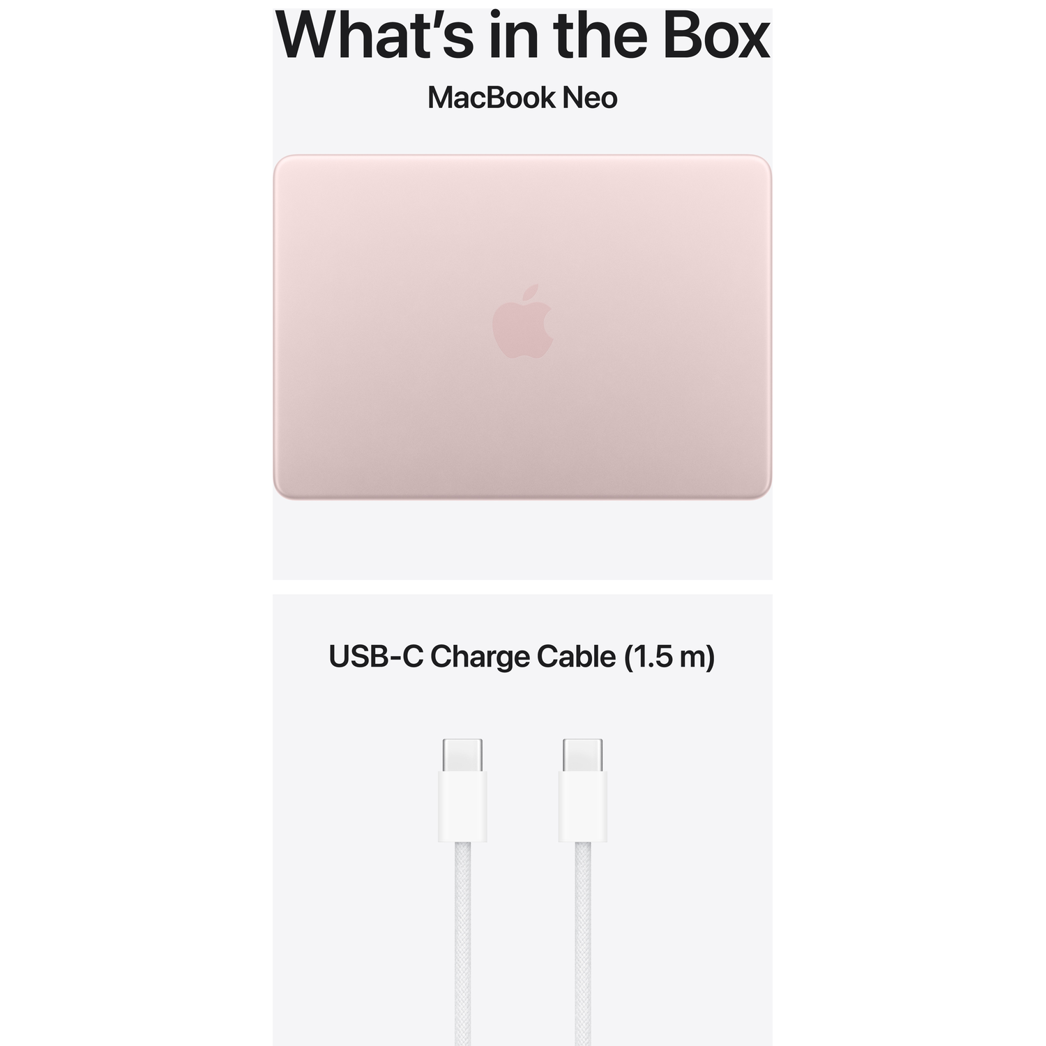 Een roségouden MacBook Neo en een witte USB-C oplaadkabel.