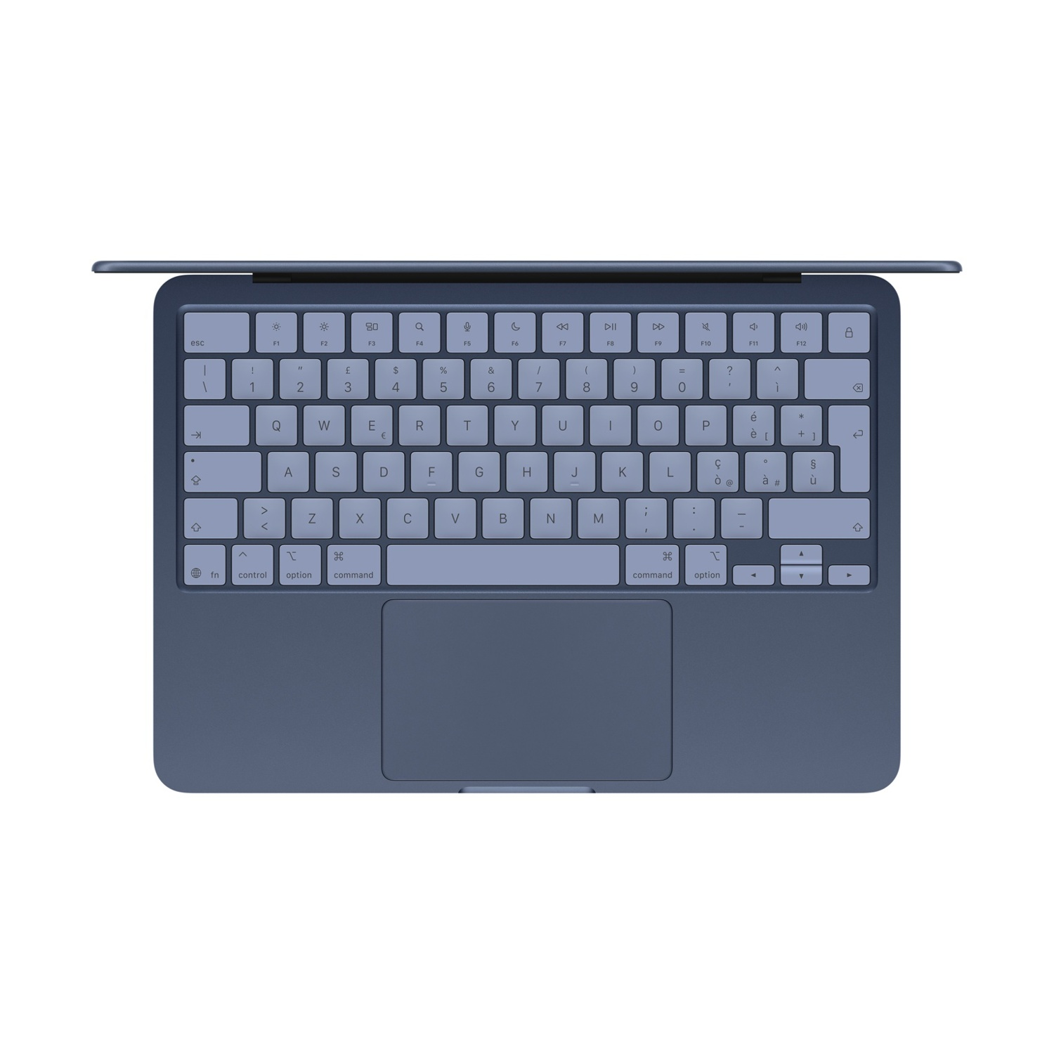 Una tastiera blu scuro con un trackpad, vista dall'alto.