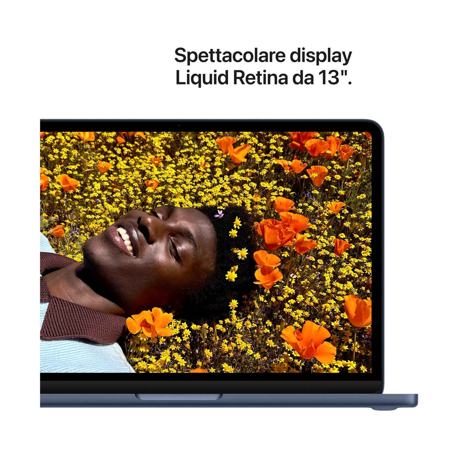 Persona sdraiata in un campo di fiori arancioni e gialli, display del laptop.