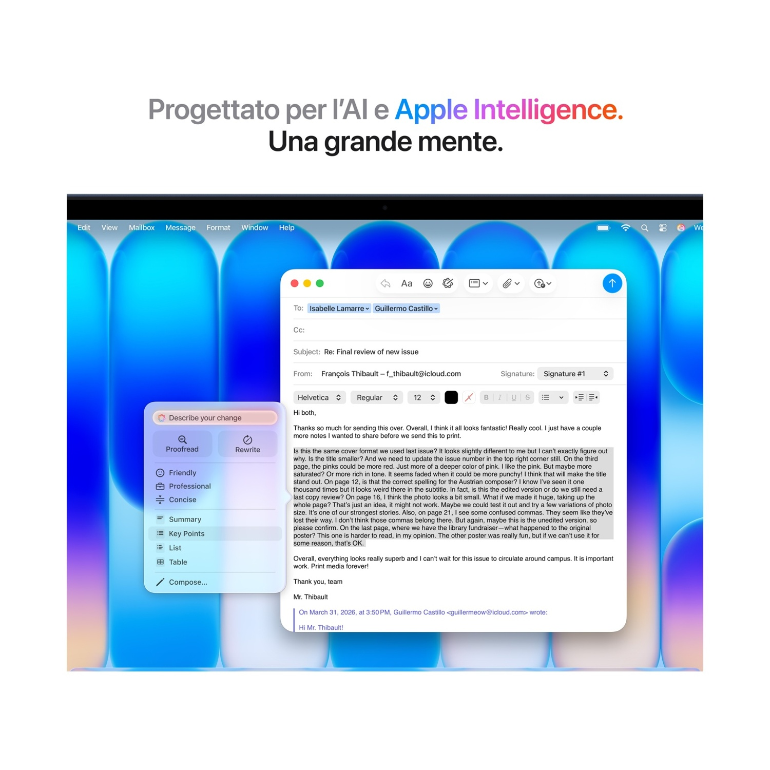 Finestra email su un Mac che mostra un'email di François Thibault a Isabelle Lamarre.