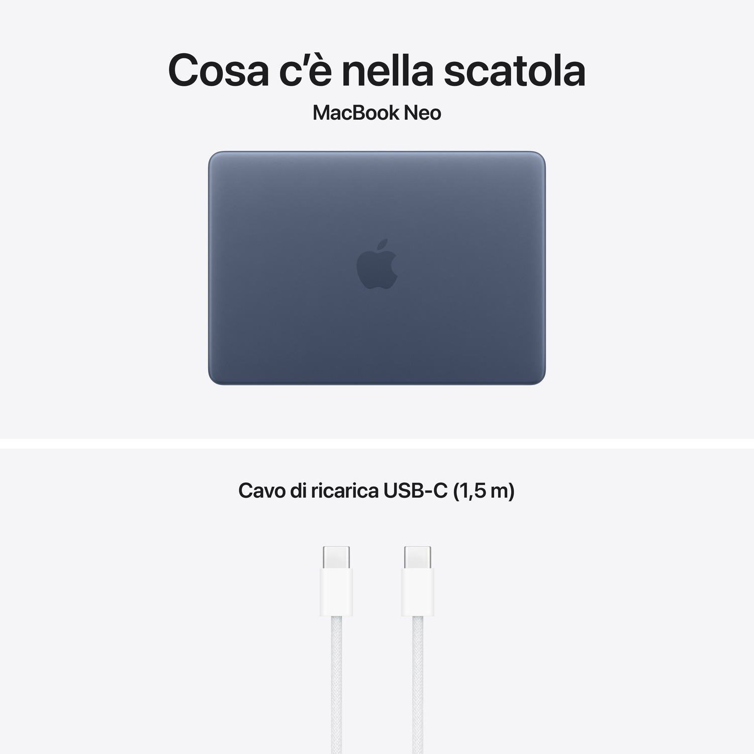 Un MacBook Neo blu scuro e un cavo di ricarica USB-C bianco sono mostrati.