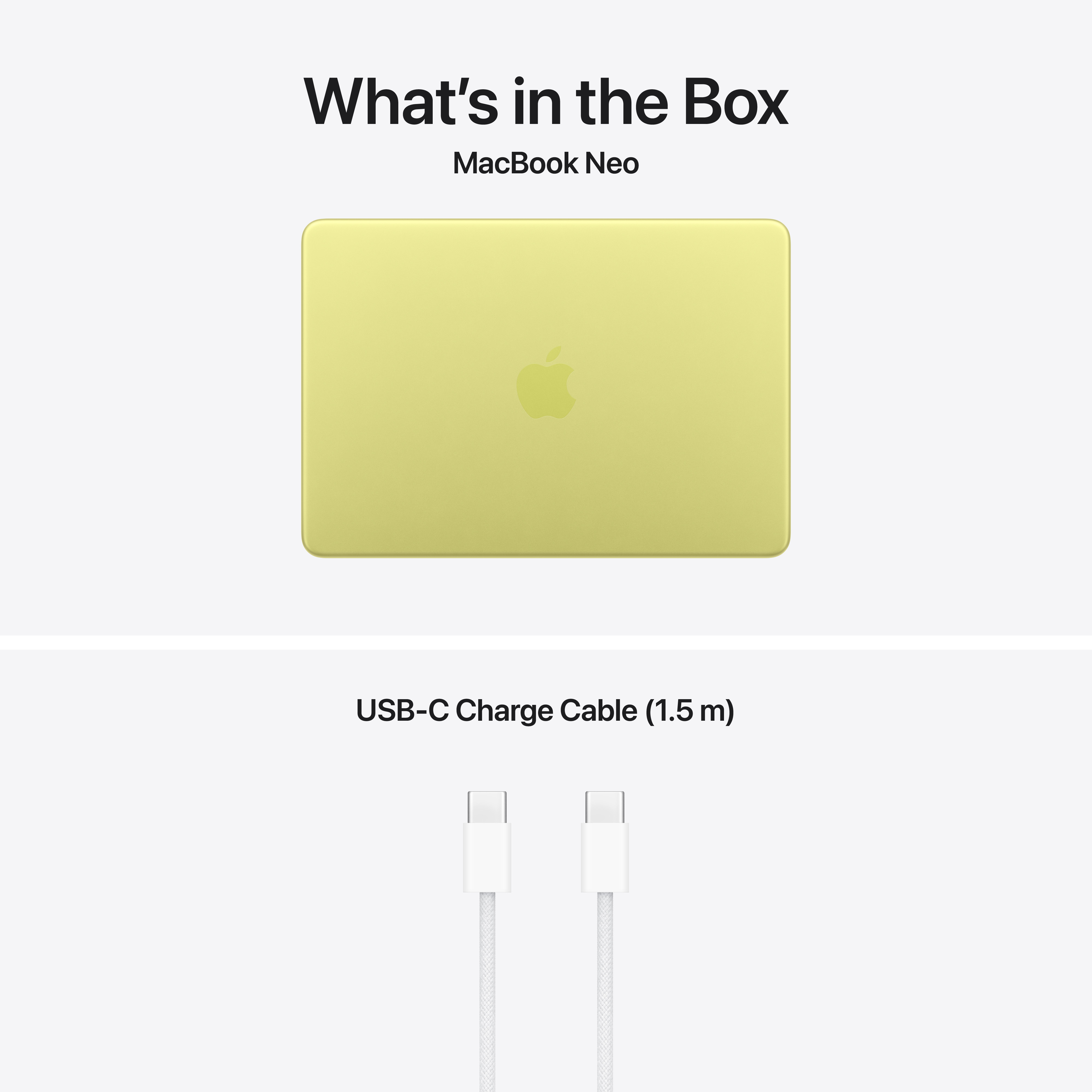 Ein hellgelbes MacBook Neo und ein weißes USB-C Ladekabel.