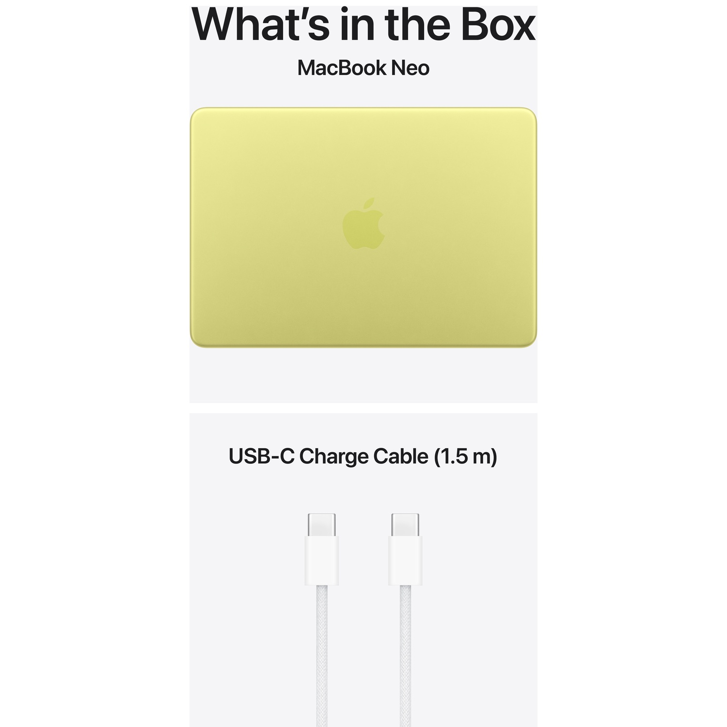 MacBook Neo jaune et câble USB-C blanc (1,5 m).