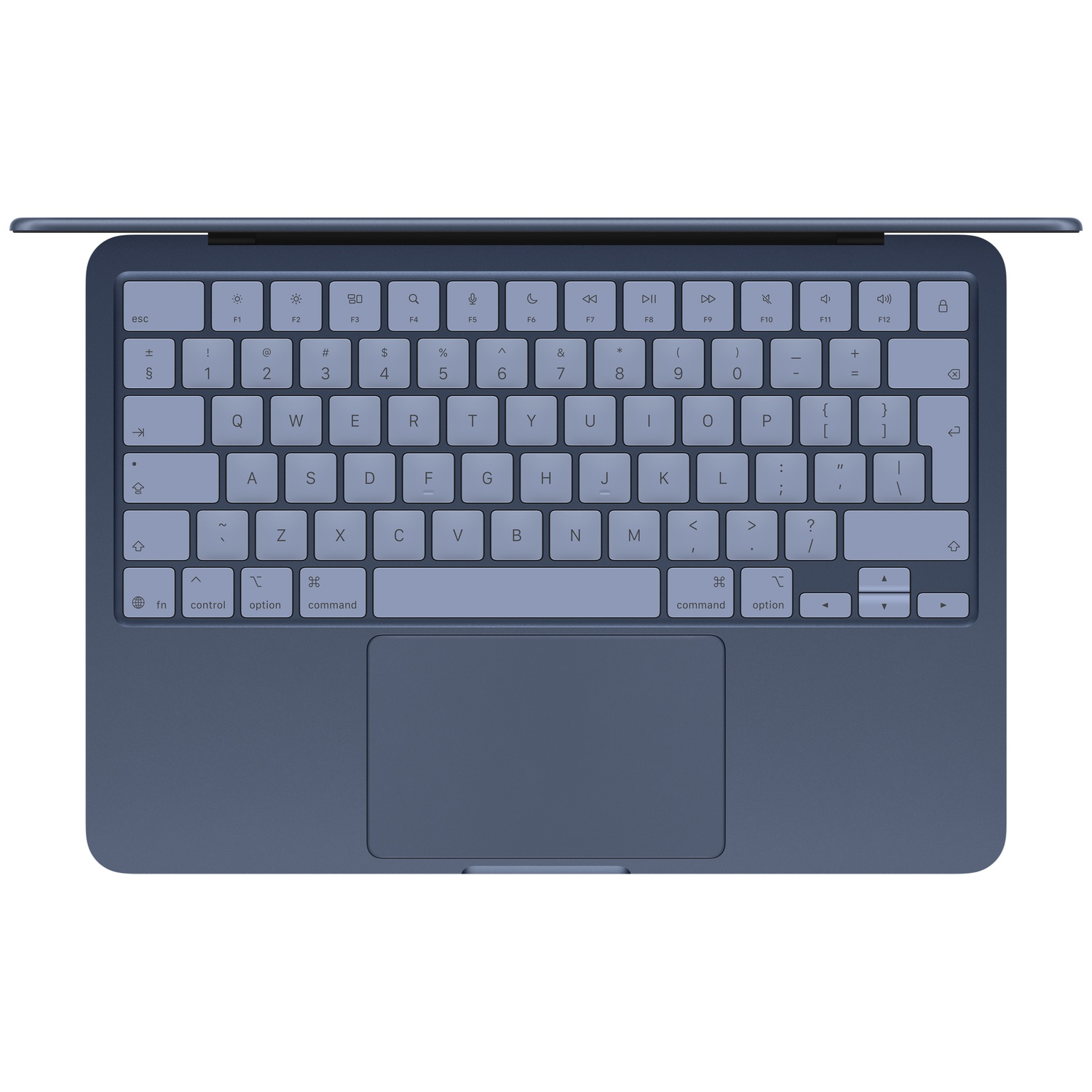 Un clavier bleu avec un pavé tactile et des étiquettes de touches.
