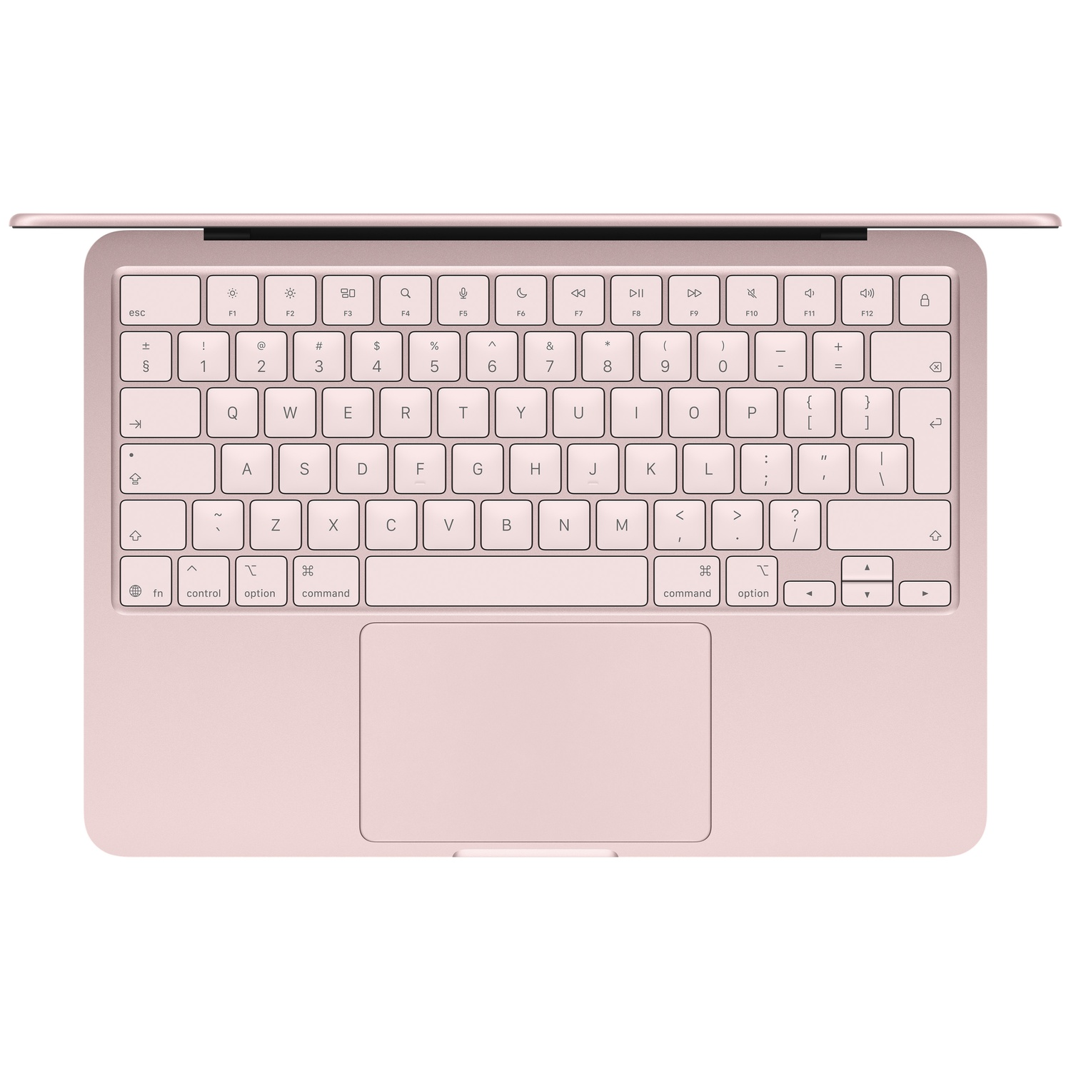 Un Apple MacBook Air rose sur fond blanc, vu de dessus.