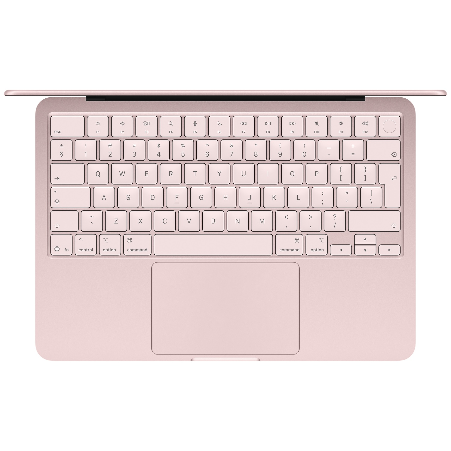 Un MacBook rose avec clavier et trackpad, vu de dessus.