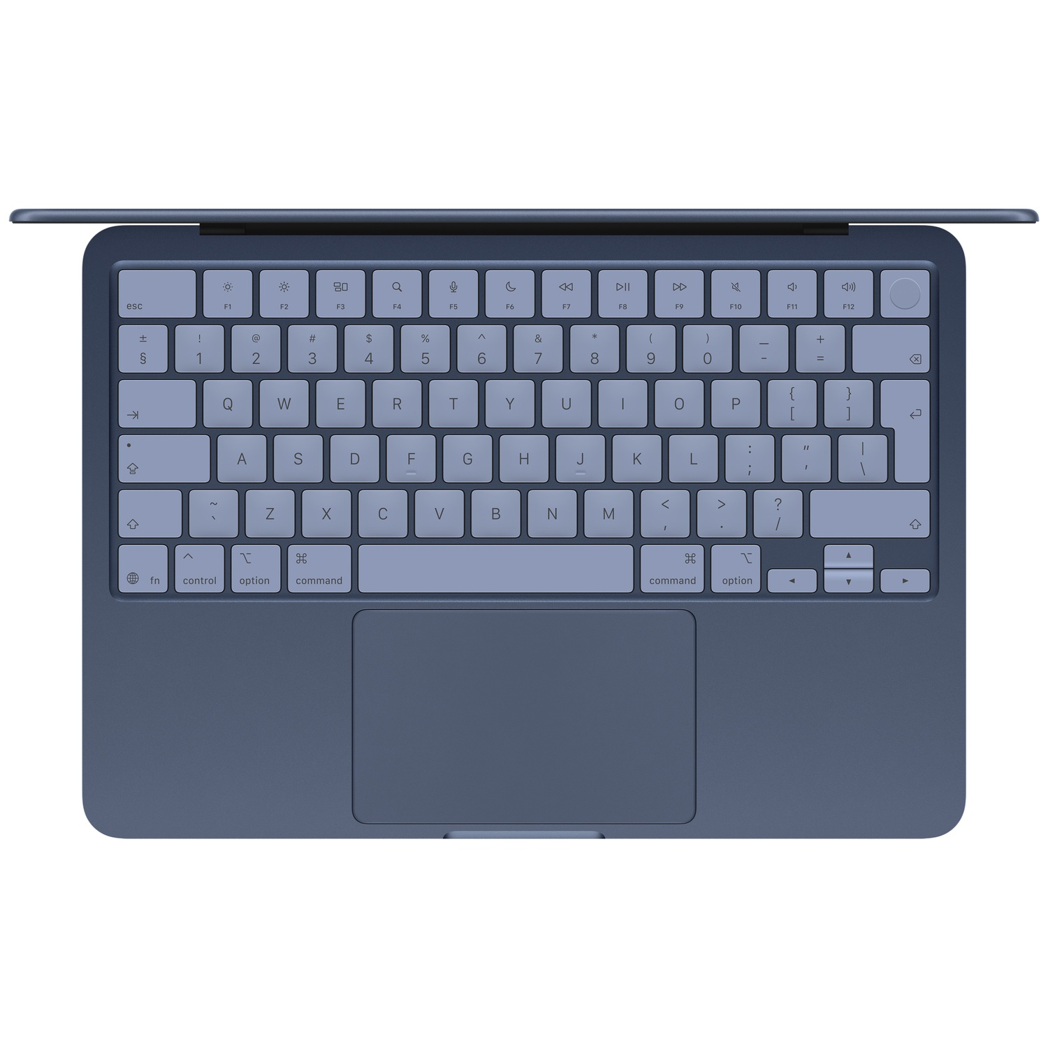 Un clavier bleu avec trackpad. Les touches incluent des lettres, des chiffres et des touches de fonction.