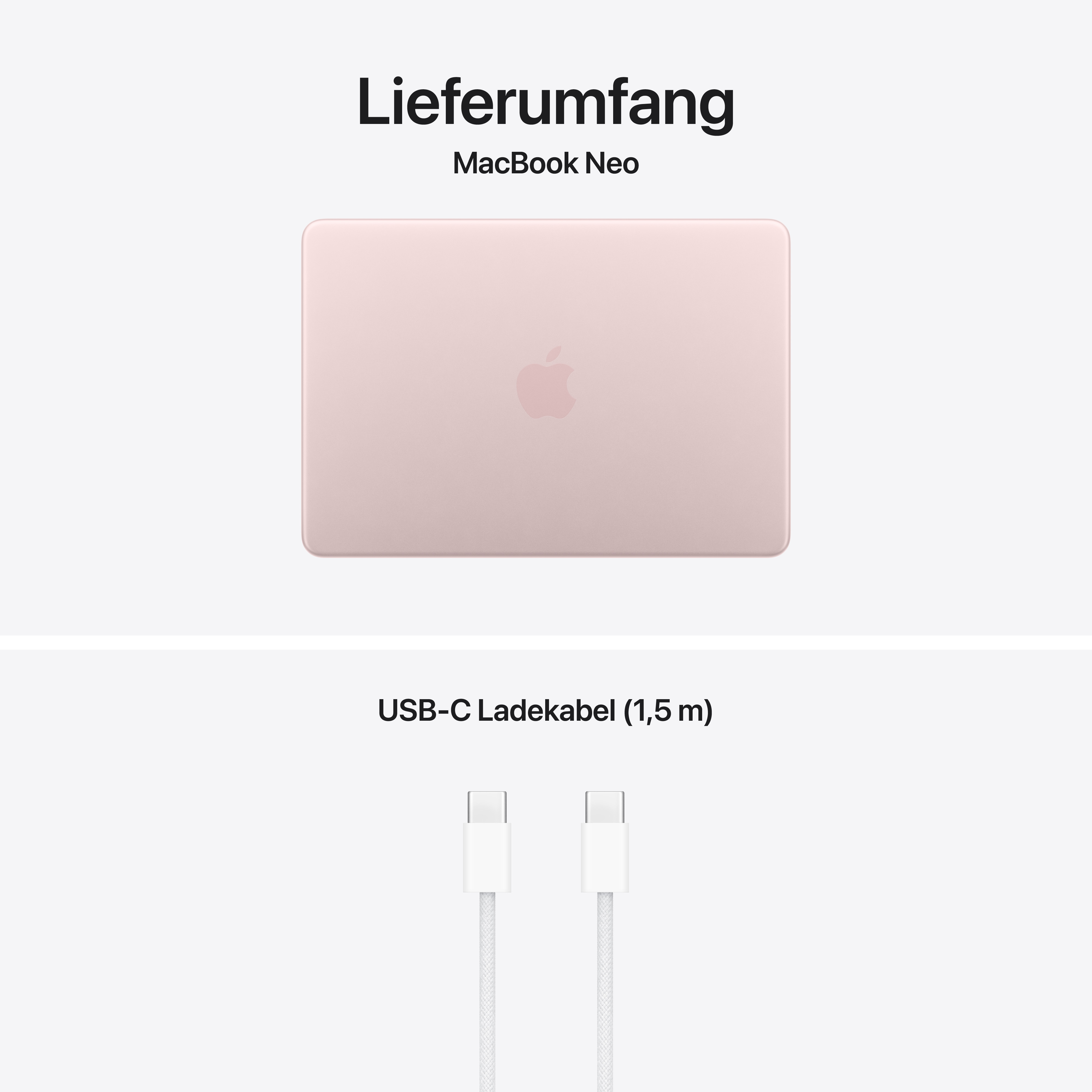 Lieferumfang: MacBook Neo und USB-C-Ladekabel (1,5 m) in Rosa.
