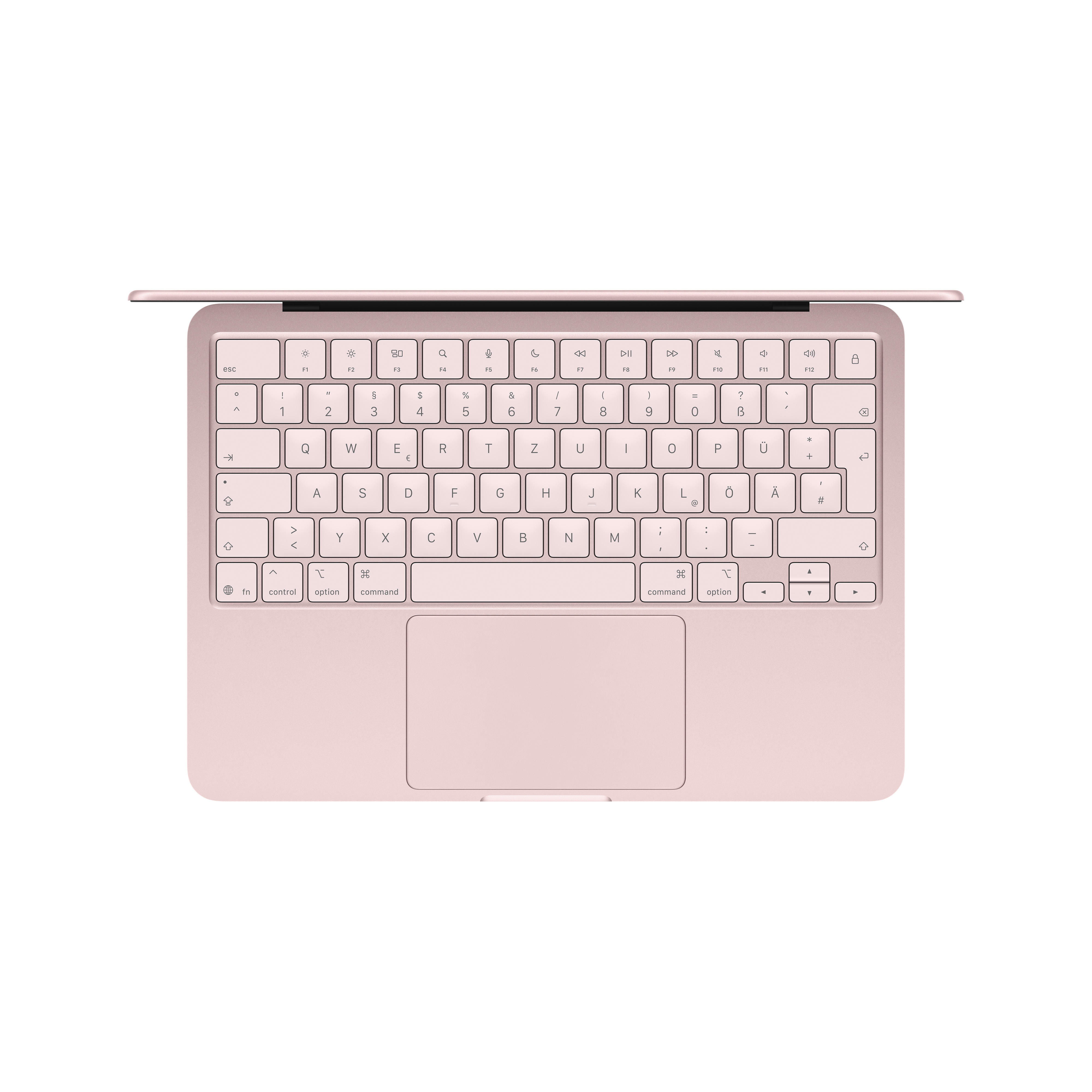 Ein rosafarbenes MacBook mit Tastatur und Touchpad.