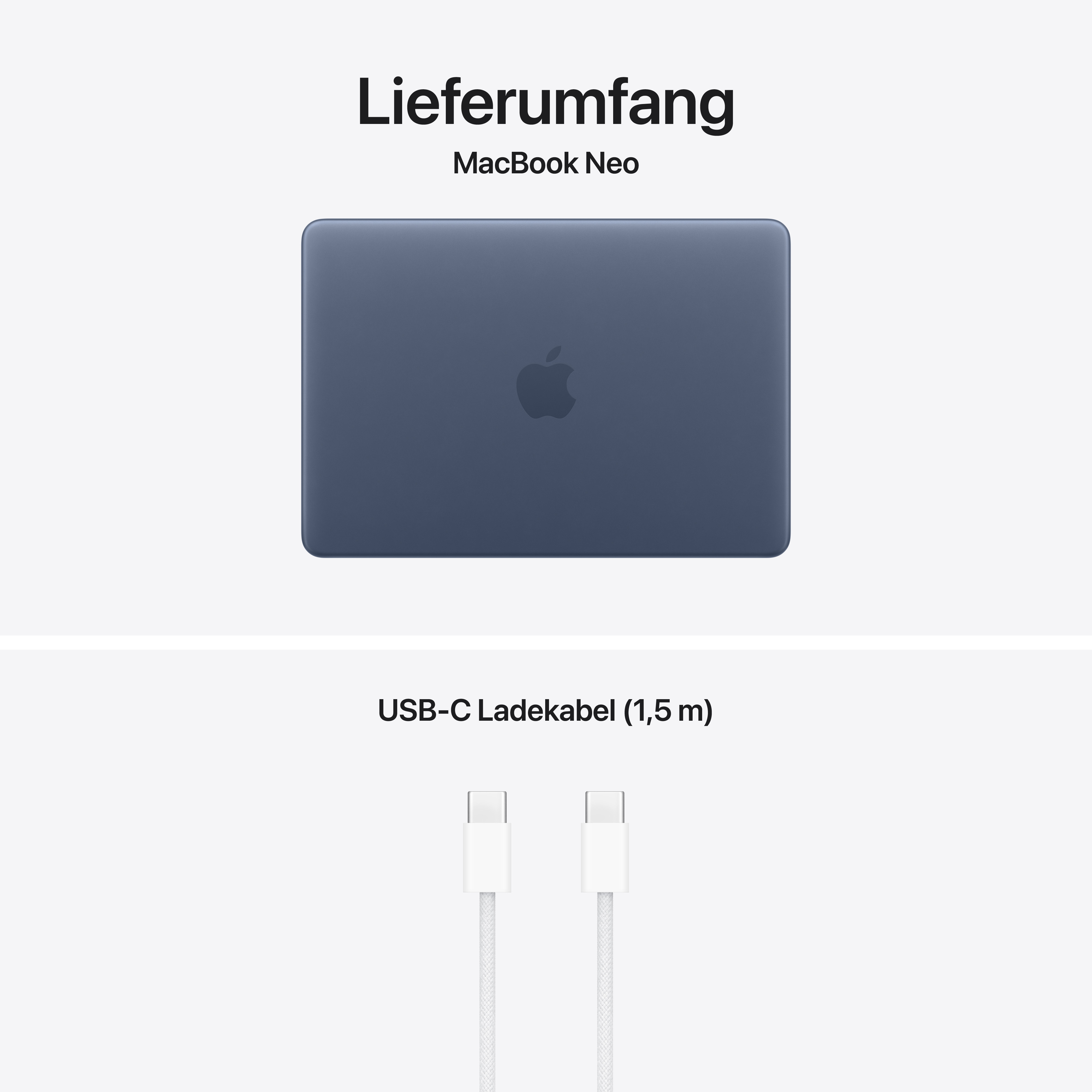Ein blauer MacBook Neo Laptop und ein weißes USB-C Ladekabel.