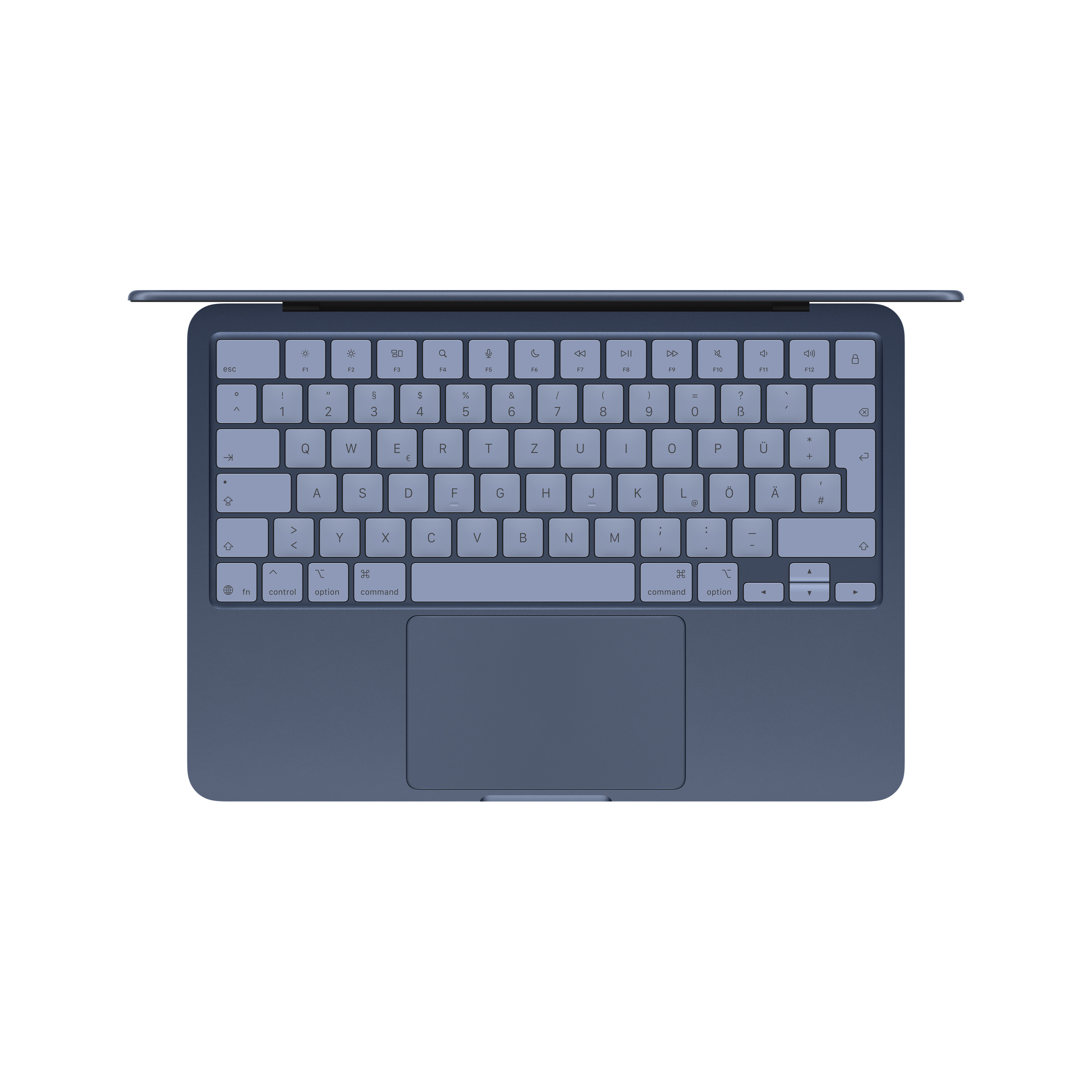 Eine blaue Tastatur mit Touchpad, von oben gesehen.