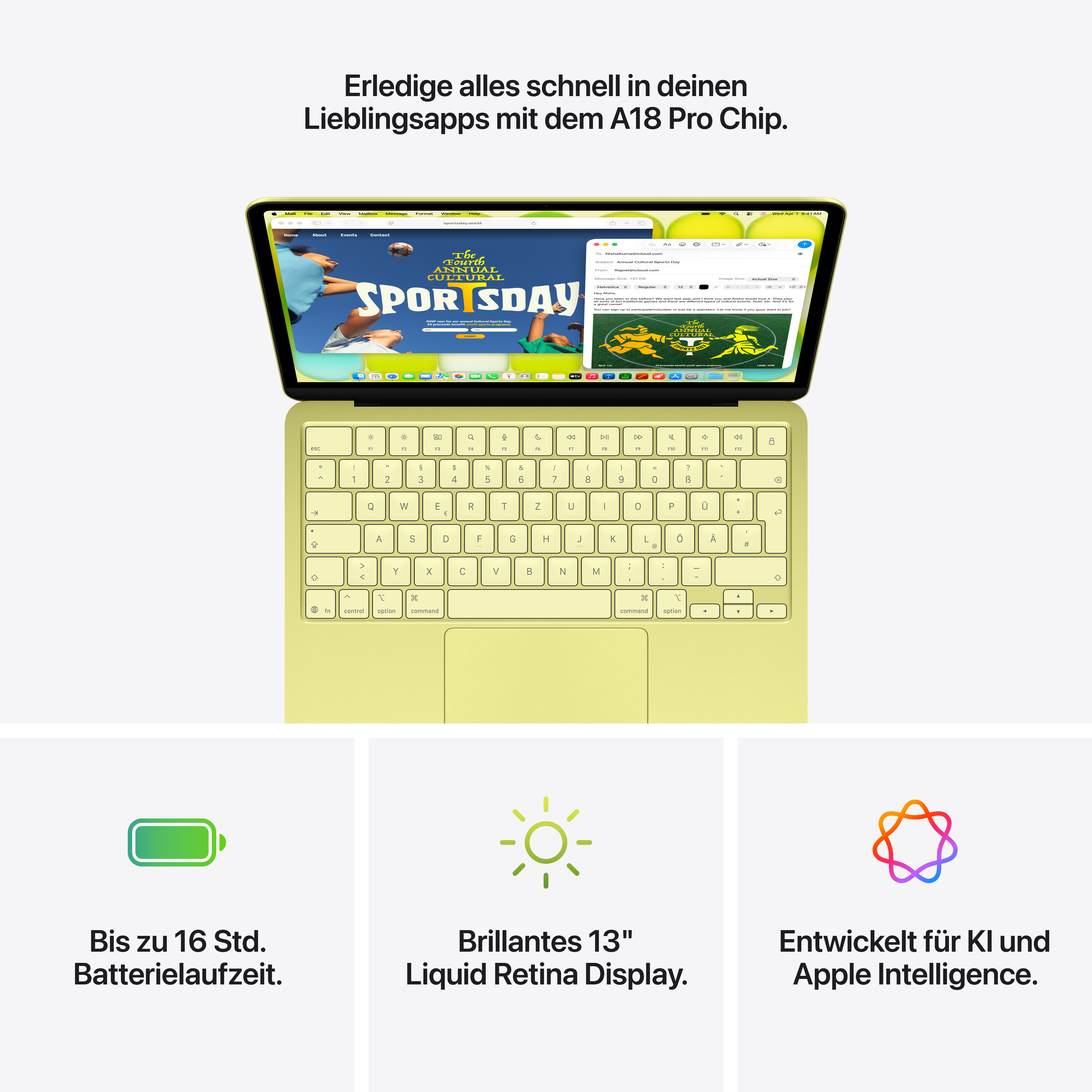 Ein hellgelbes MacBook mit geöffnetem Display. Darauf sind eine Webseite und eine E-Mail zu sehen.