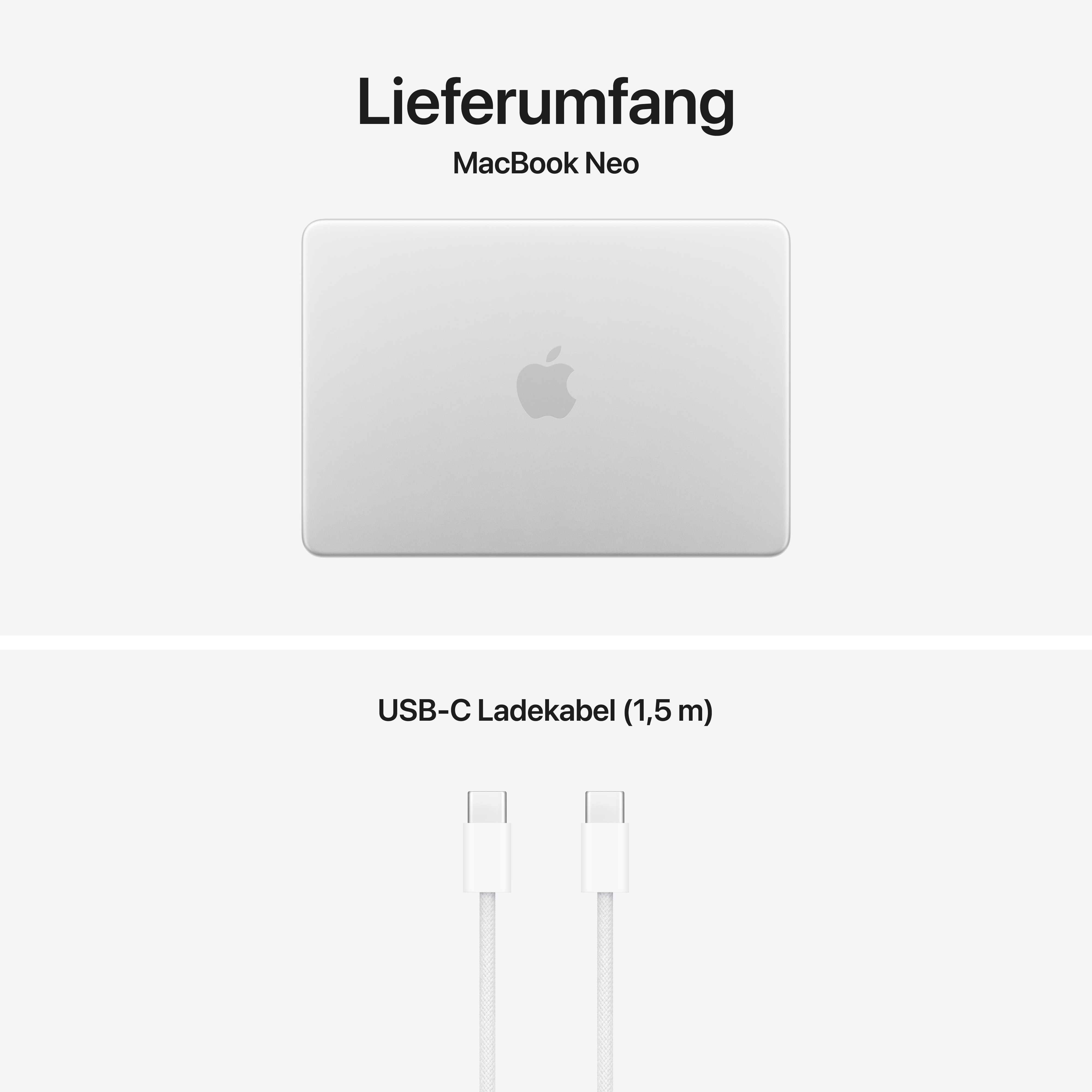 Lieferumfang MacBook Neo und USB-C Ladekabel.