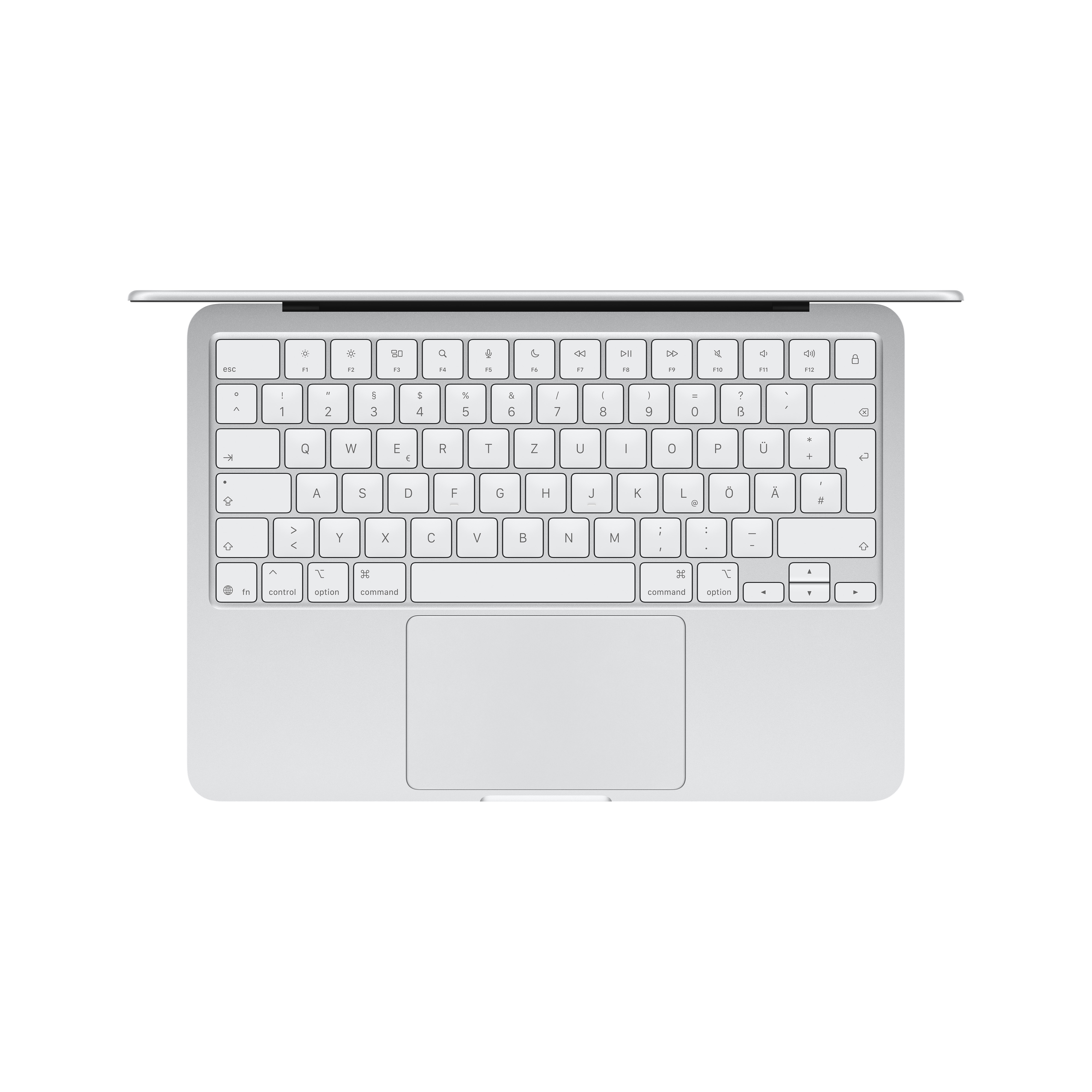 Eine Nahaufnahme einer silbernen Laptop-Tastatur und eines Trackpads.
