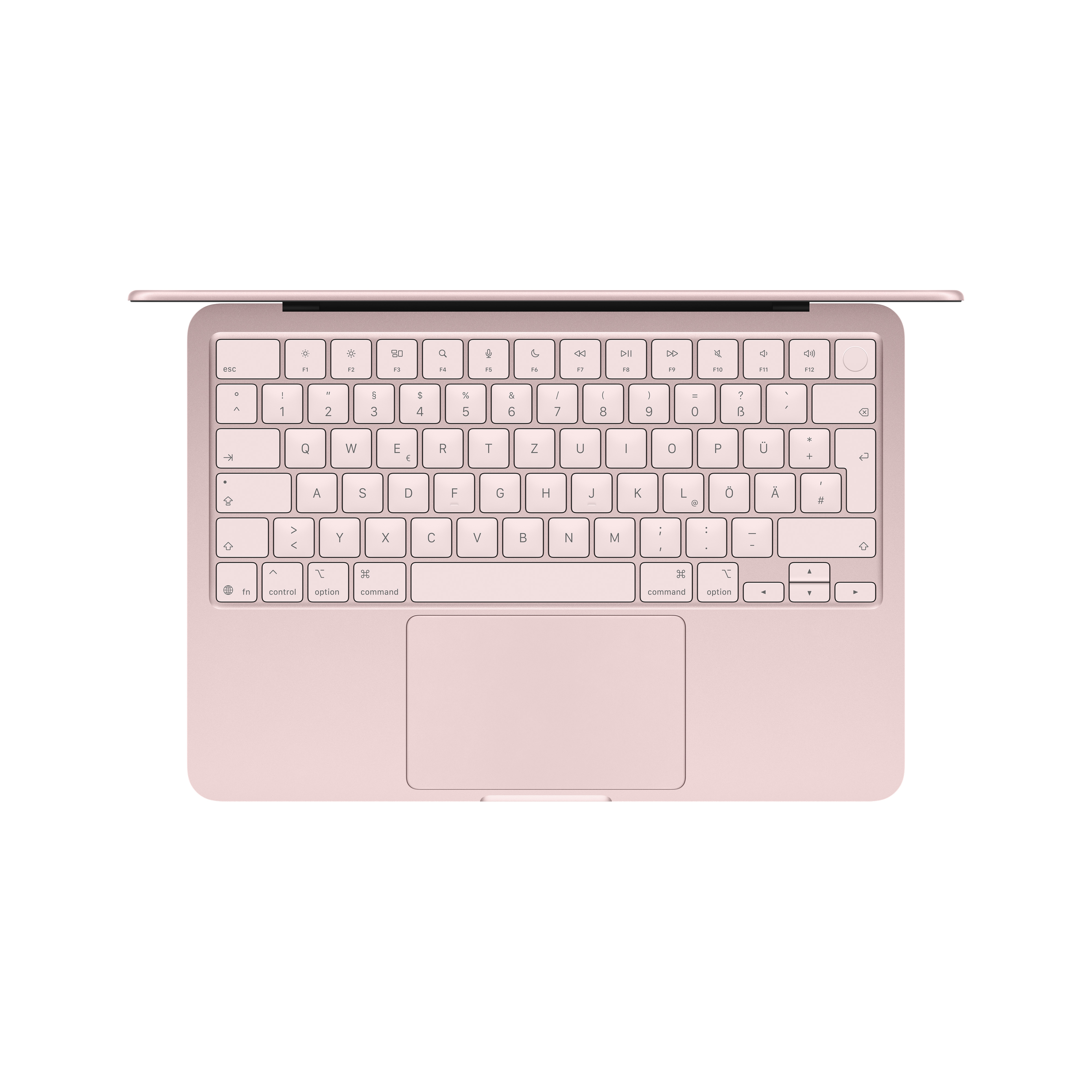 Ein rosafarbenes MacBook mit geöffnetem Bildschirm, das auf einer weißen Fläche liegt.