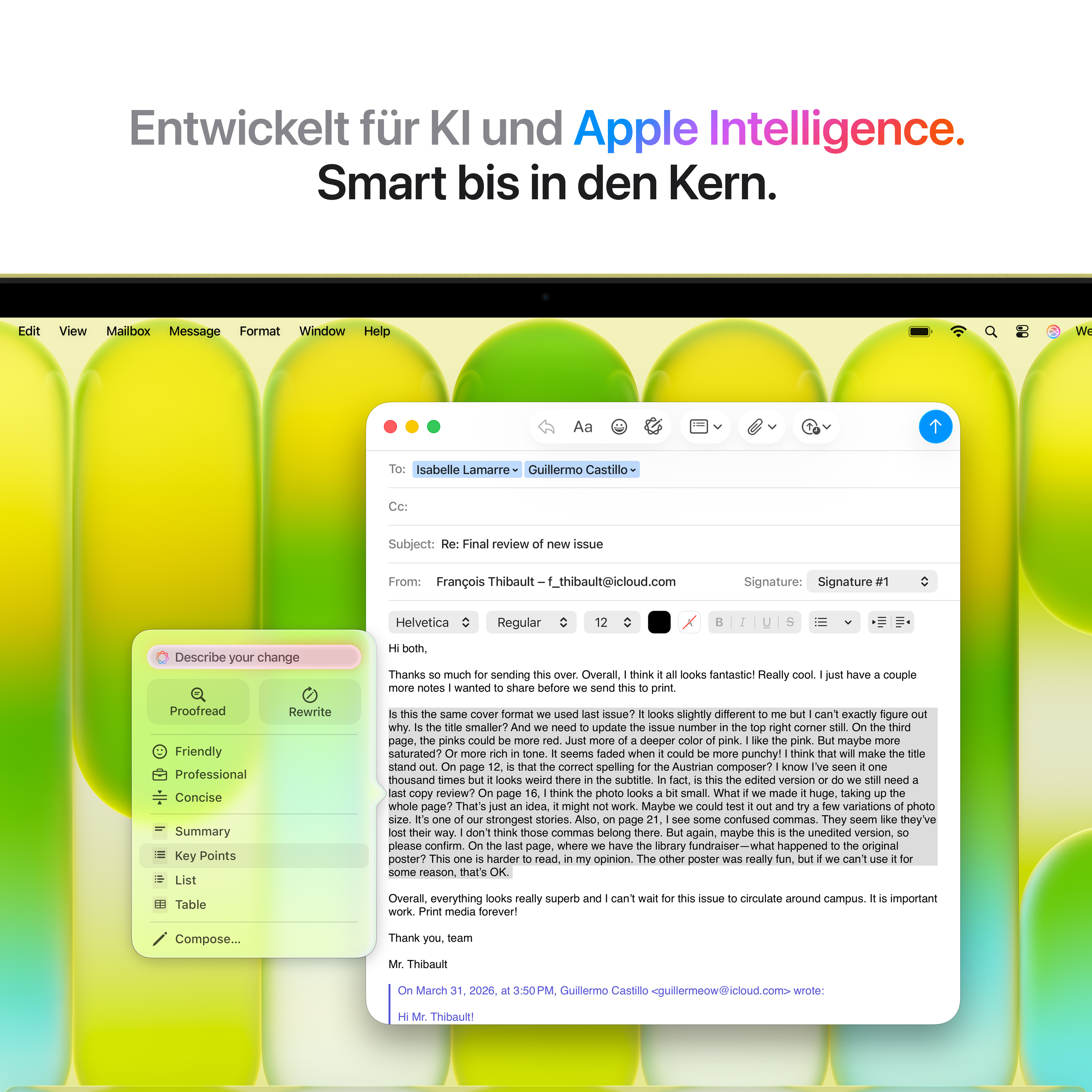 E-Mail-Entwurf mit Textbearbeitungsoptionen und Hintergrund mit abstrakten Formen.