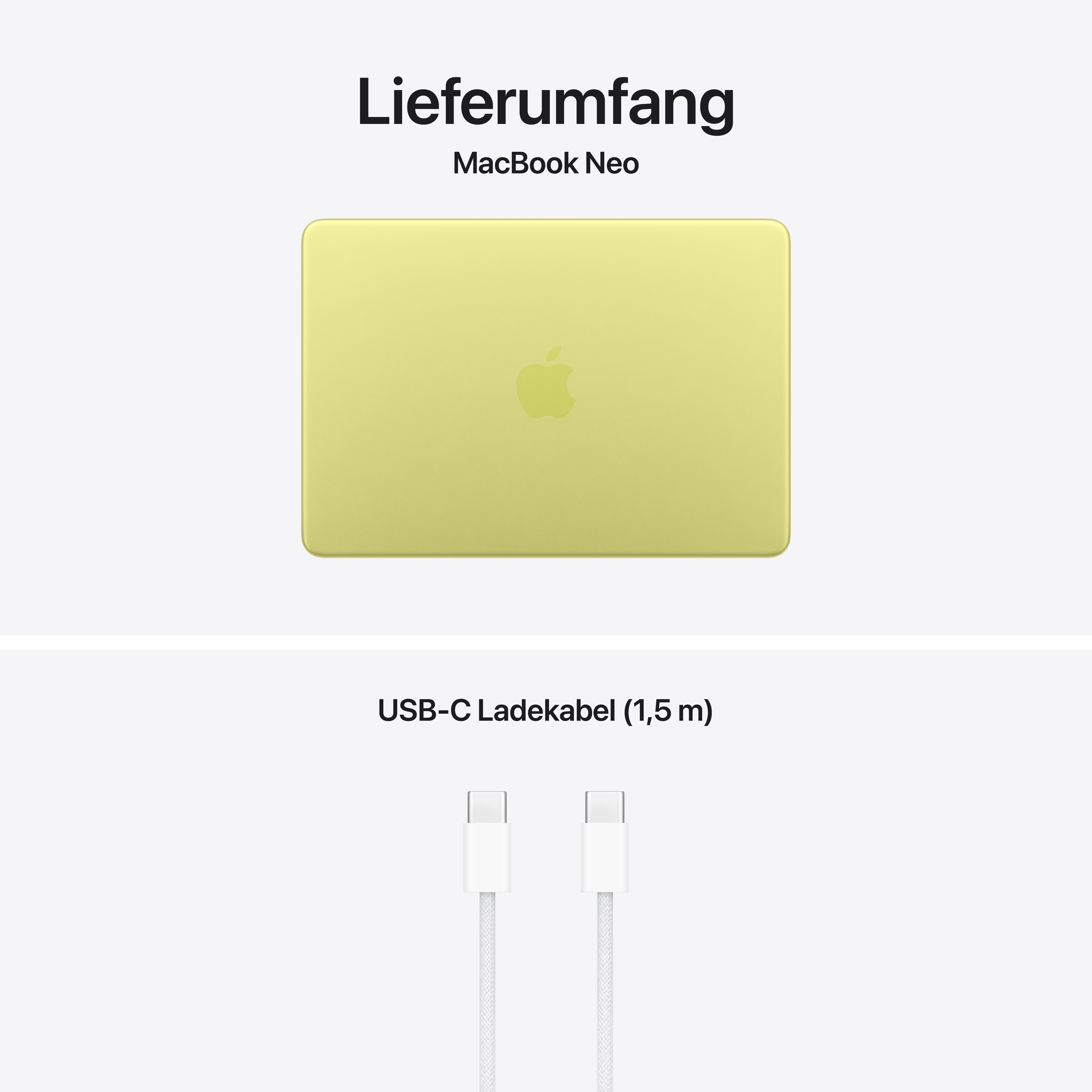 Ein gelbes MacBook Neo und ein weißes USB-C Ladekabel.