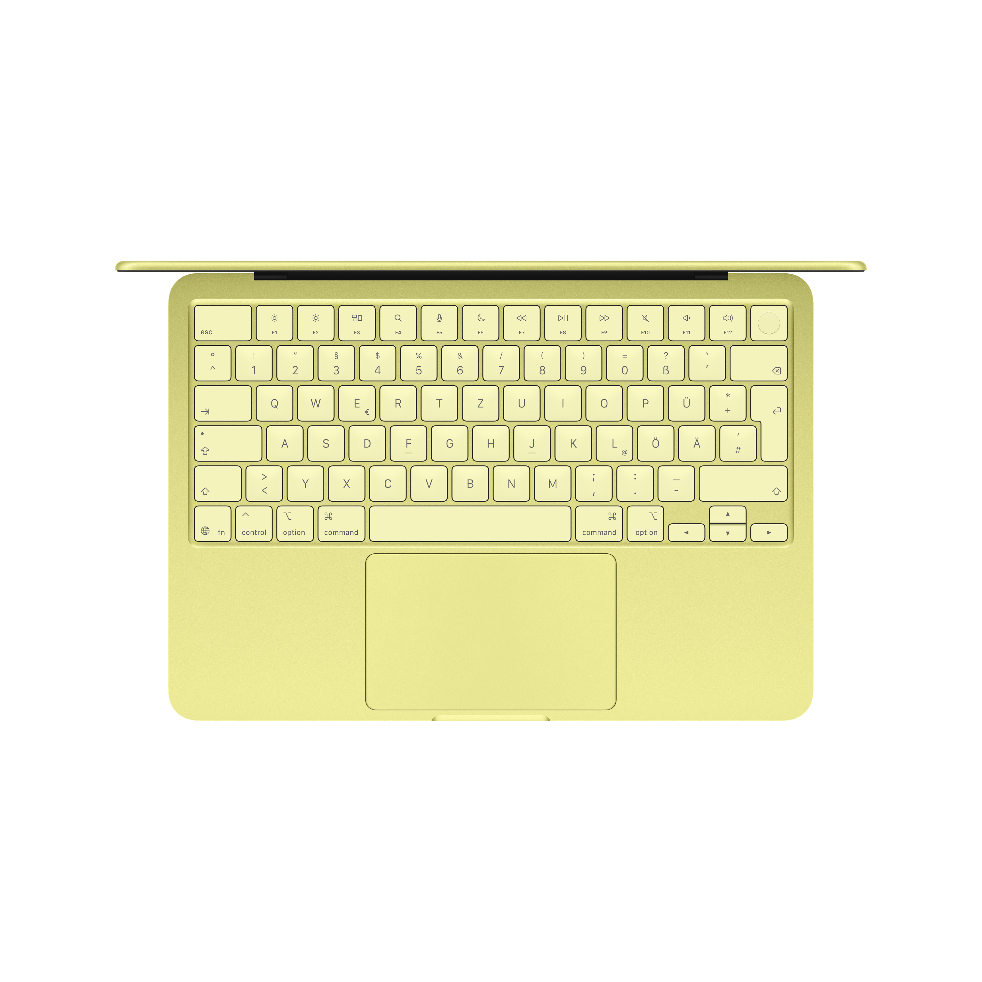 Ein hellgelbes Laptop-Keyboard mit Touchpad, von oben gesehen.