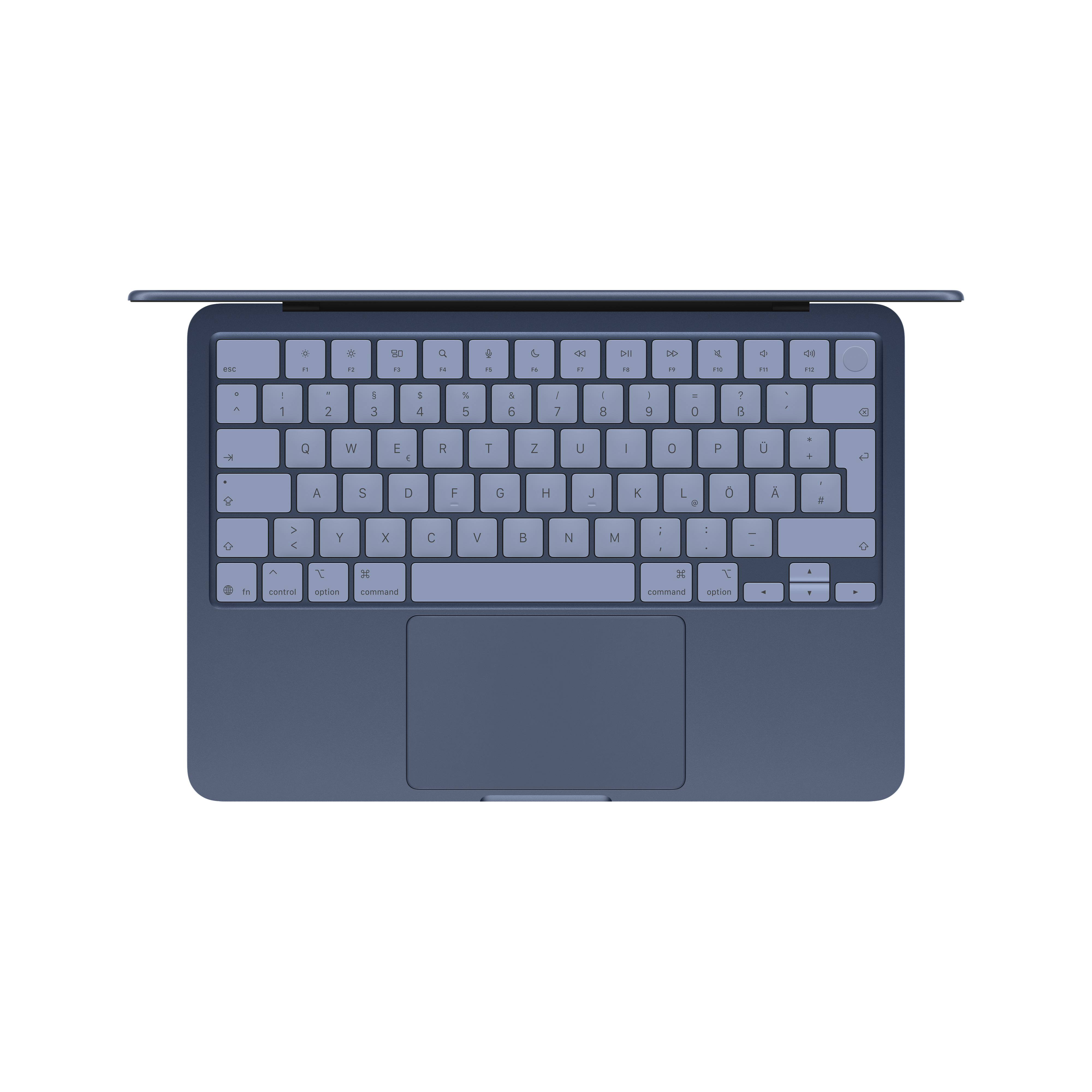 Dunkelblaue Tastatur mit Touchpad von oben gesehen.