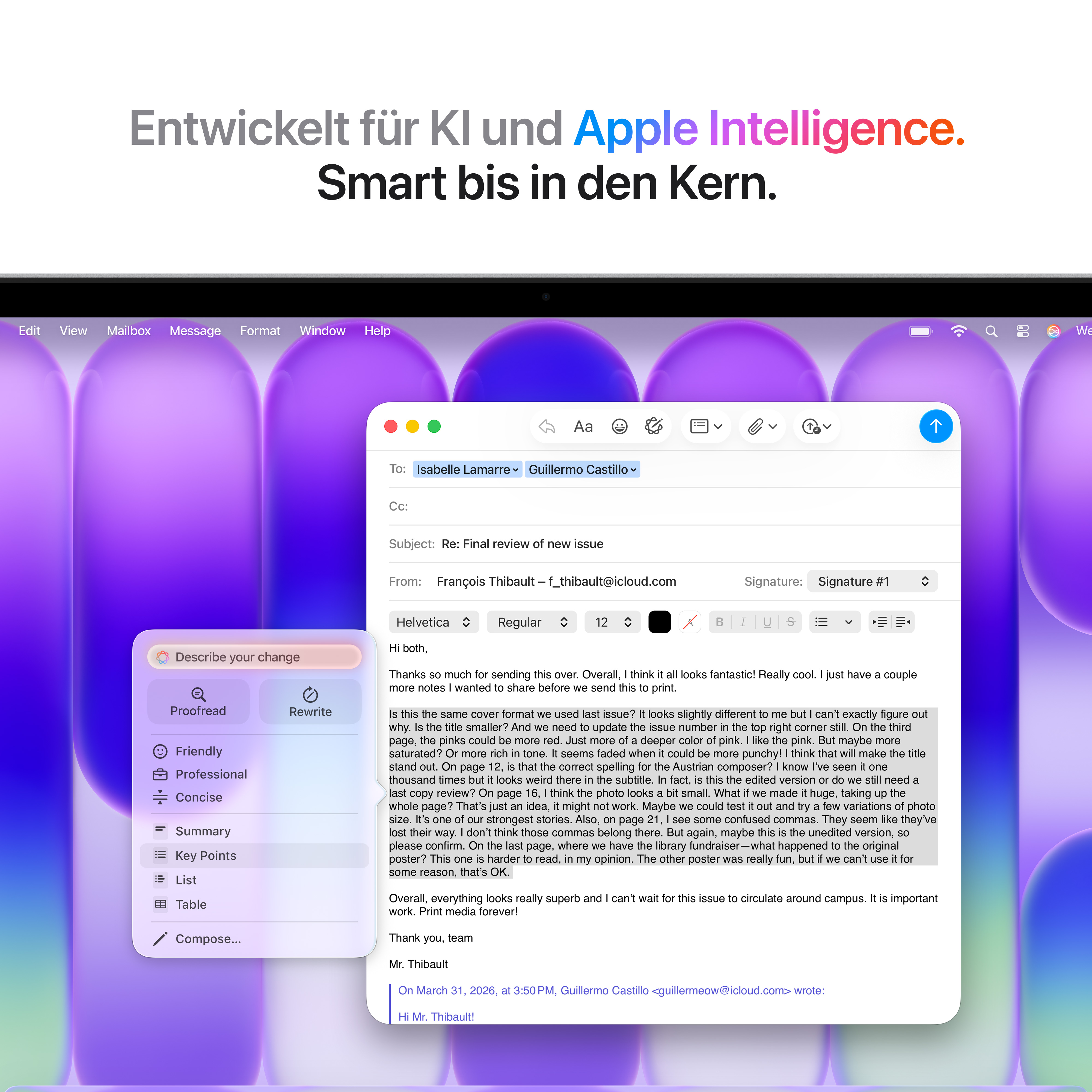 Eine E-Mail wird auf einem Mac-Bildschirm angezeigt, mit lila Blasen im Hintergrund.