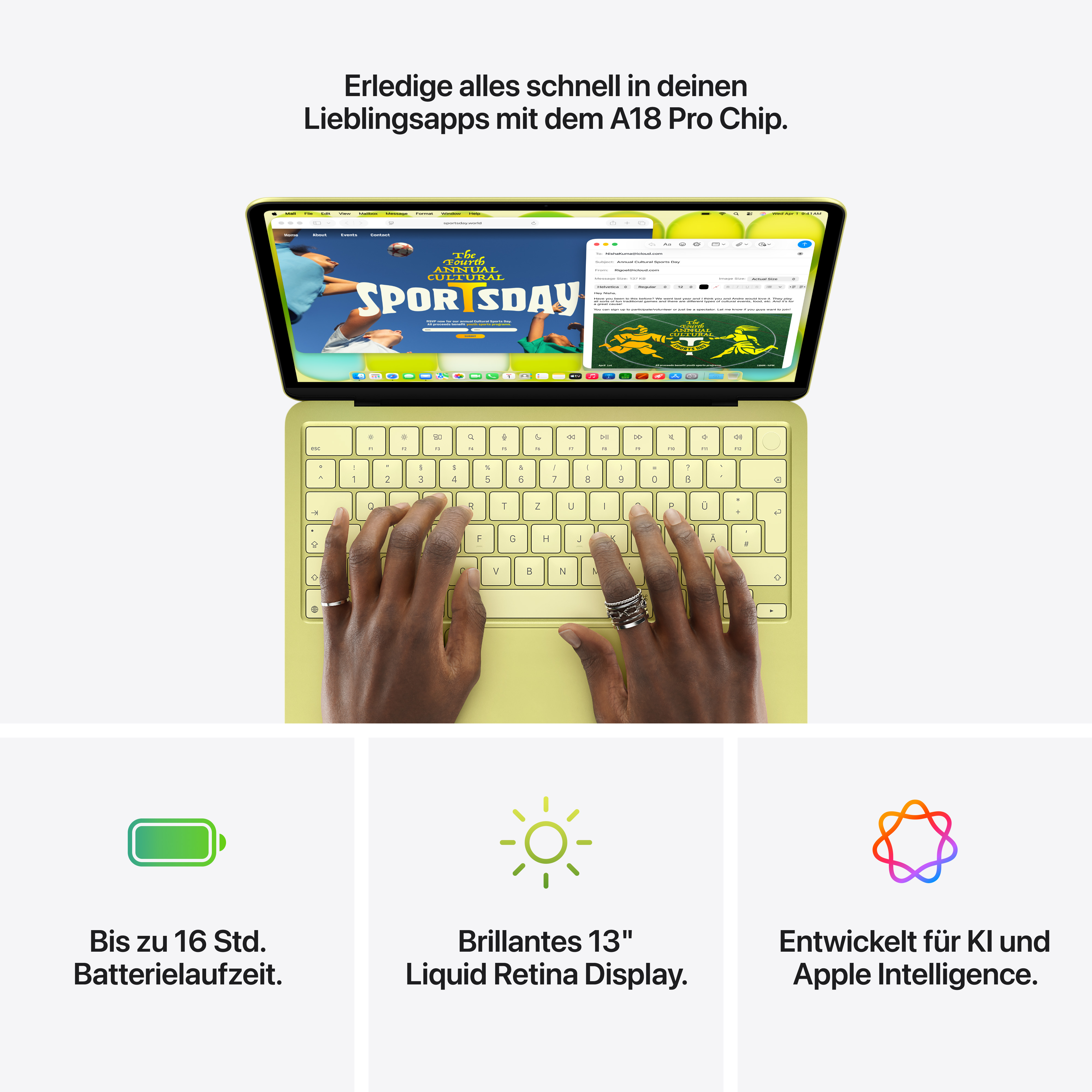 Ein hellgrünes MacBook mit Händen, die tippen. Unten: Akku, Display & KI.
