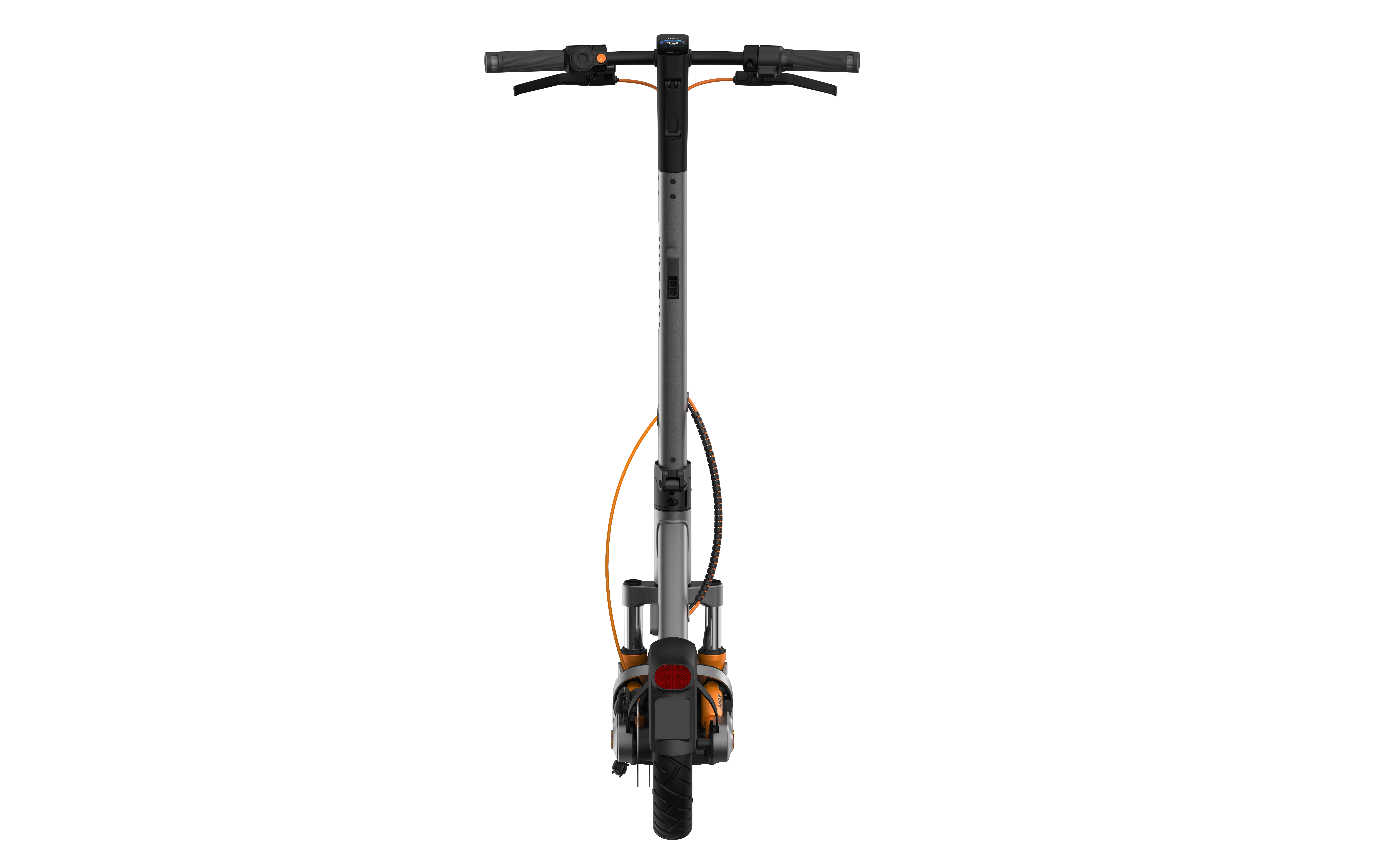 Grauer Elektroroller mit orangefarbenen Akzenten, von vorne gesehen.