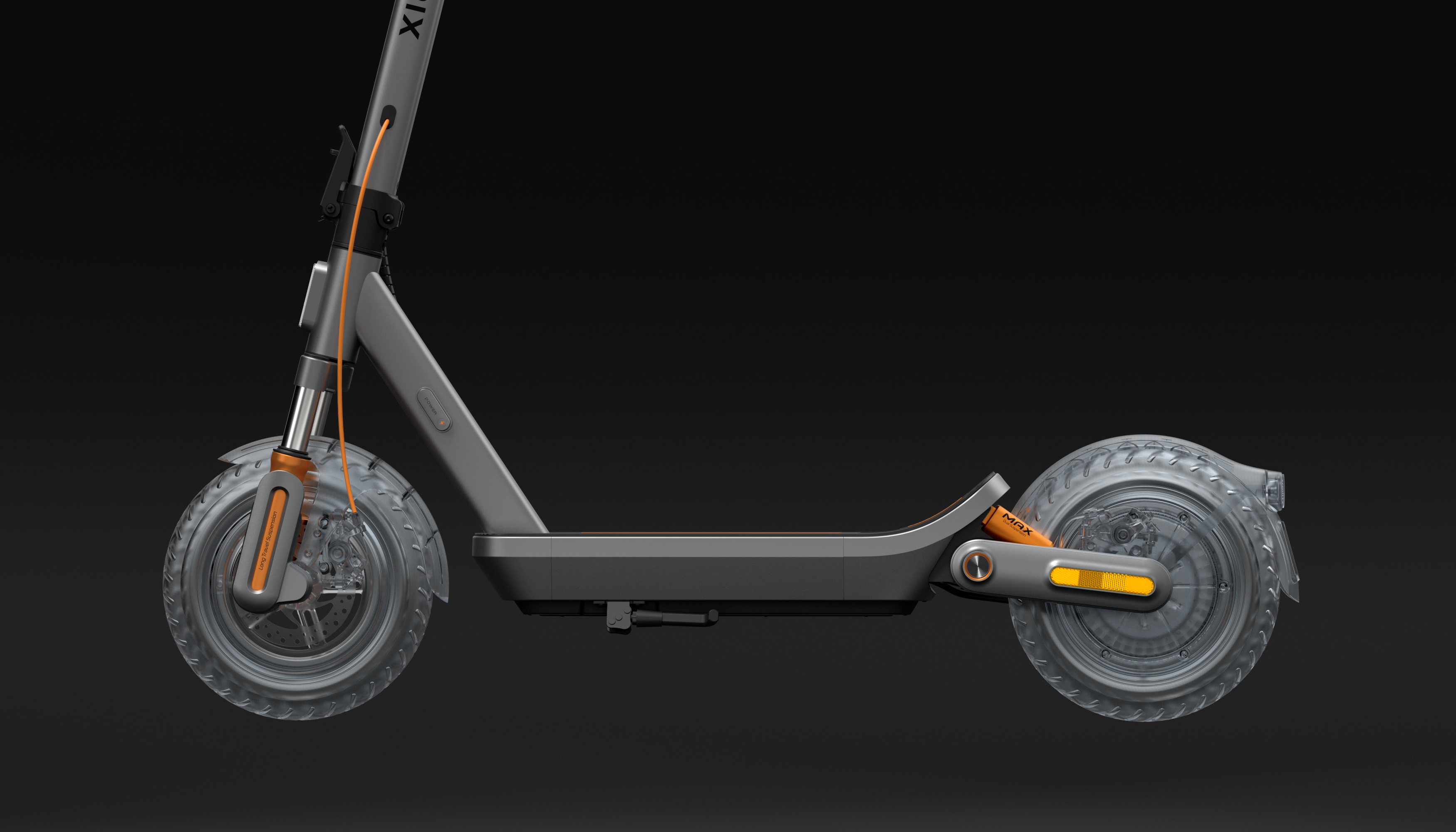 Grauer Elektroroller mit orangefarbenen Akzenten, auf schwarzem Hintergrund.