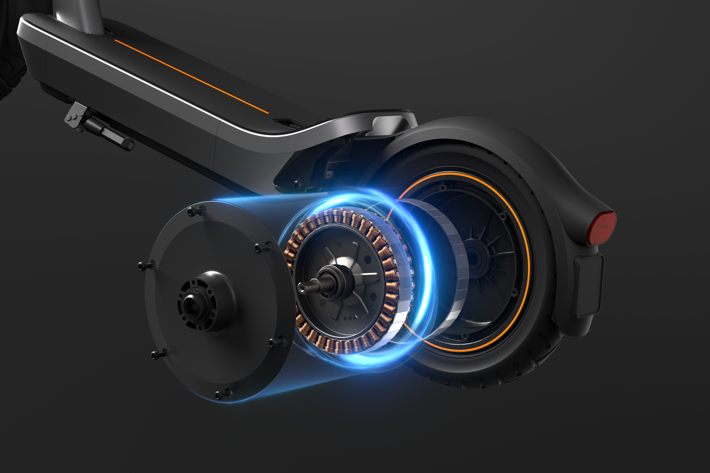 Detailansicht eines E-Scooter-Motors mit leuchtenden blauen Energielinien.