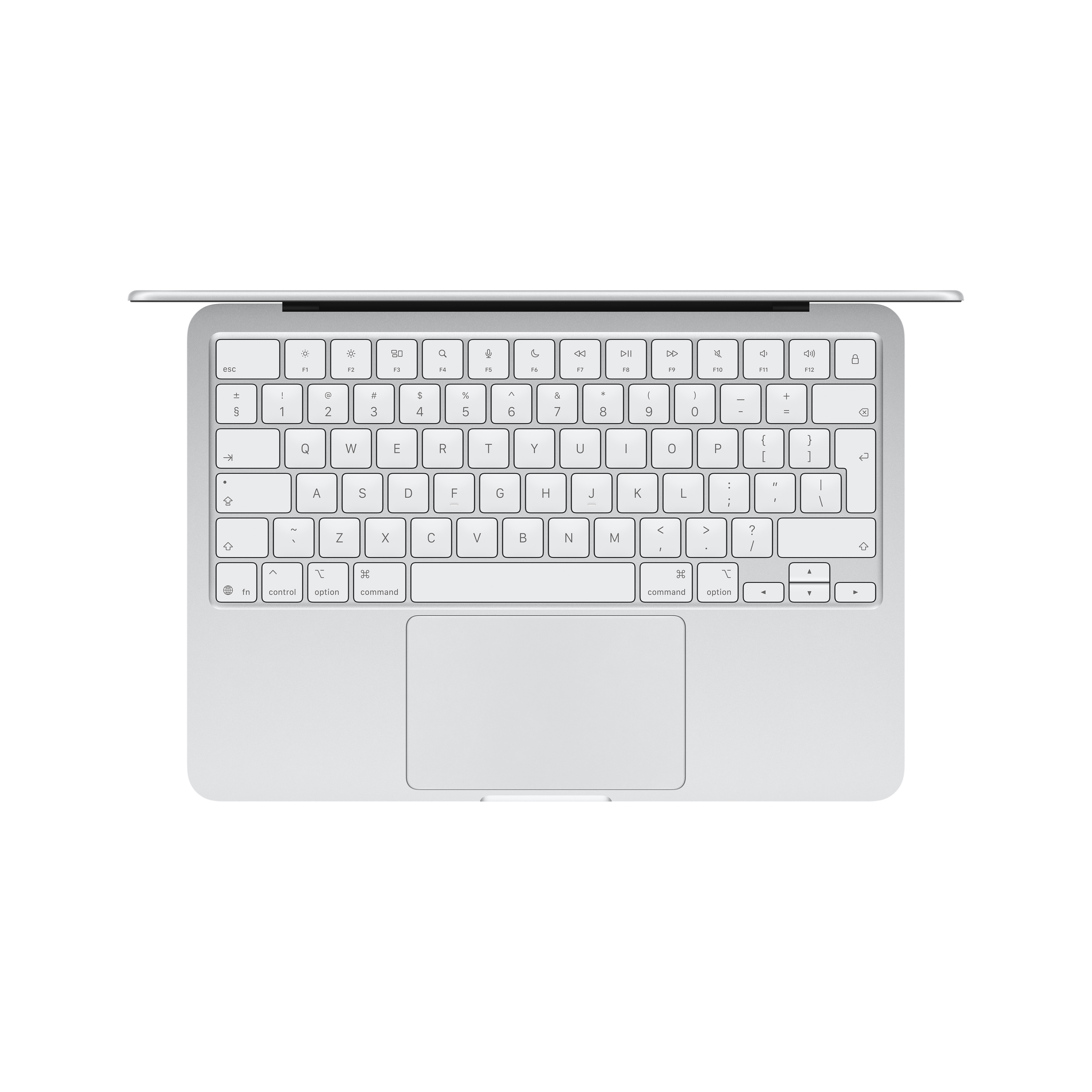 MacBook argenté Apple avec clavier et trackpad, vu de dessus.