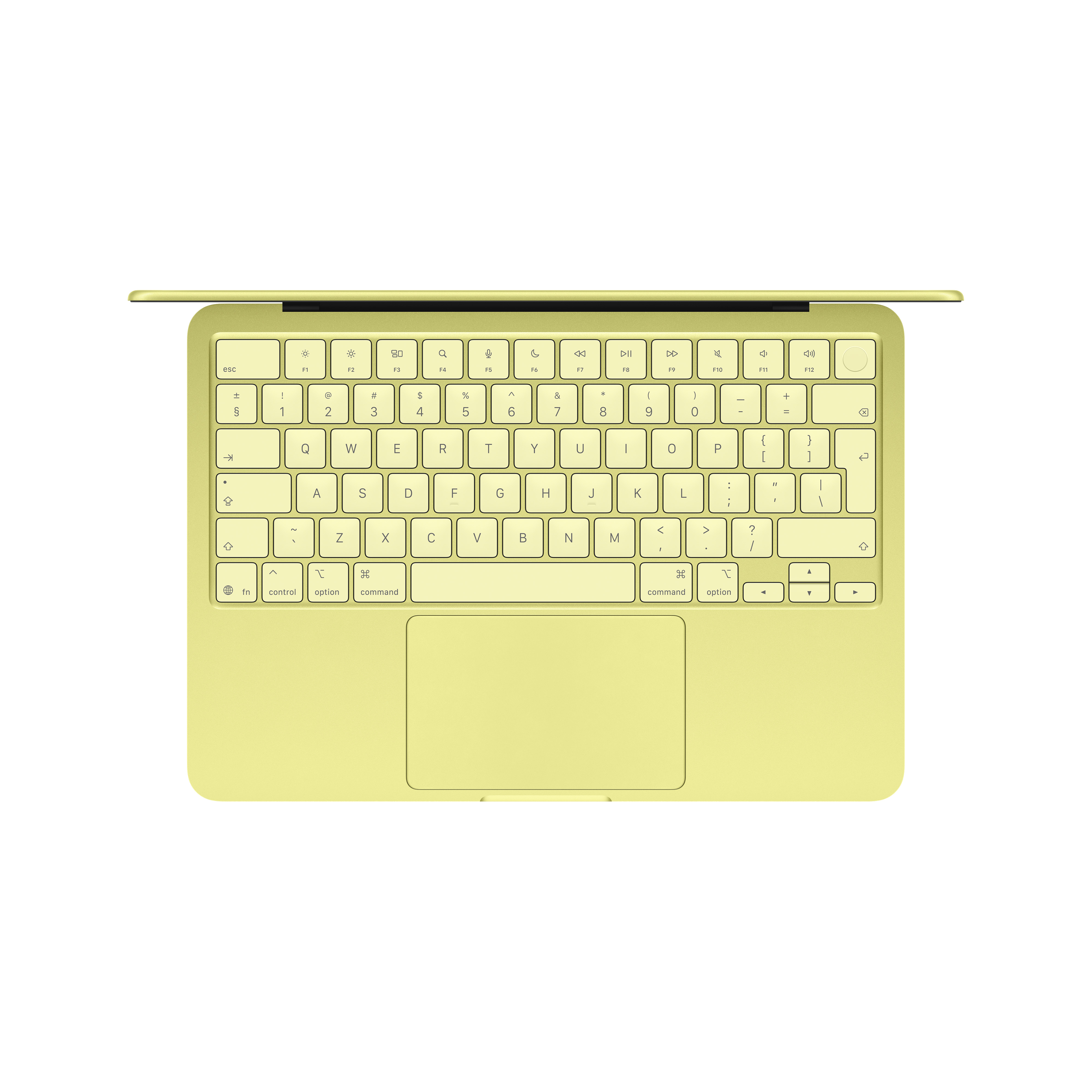Un MacBook Air Apple jaune clair vu de dessus, montrant le clavier et le trackpad.