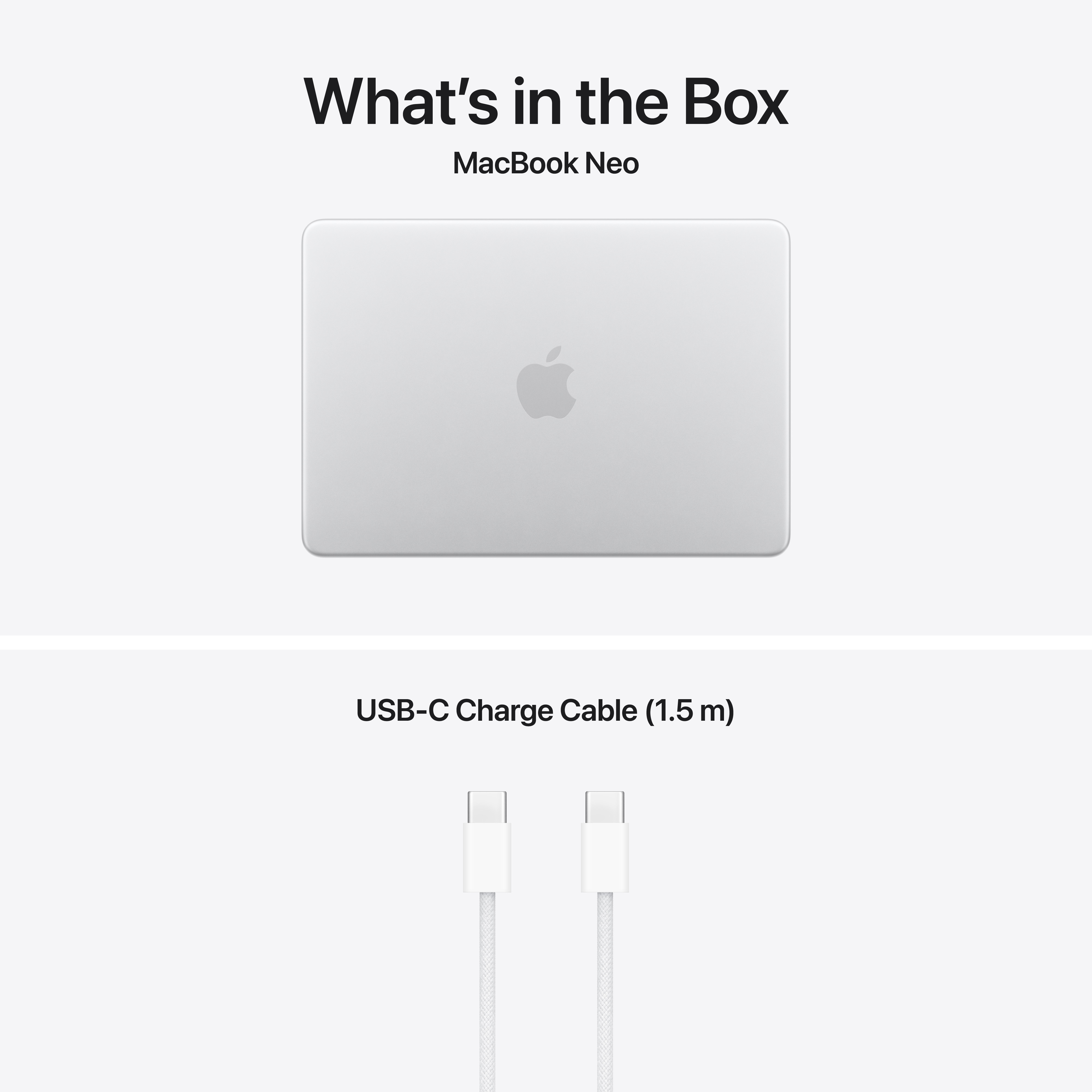 Un MacBook Neo et un câble de charge USB-C blanc.