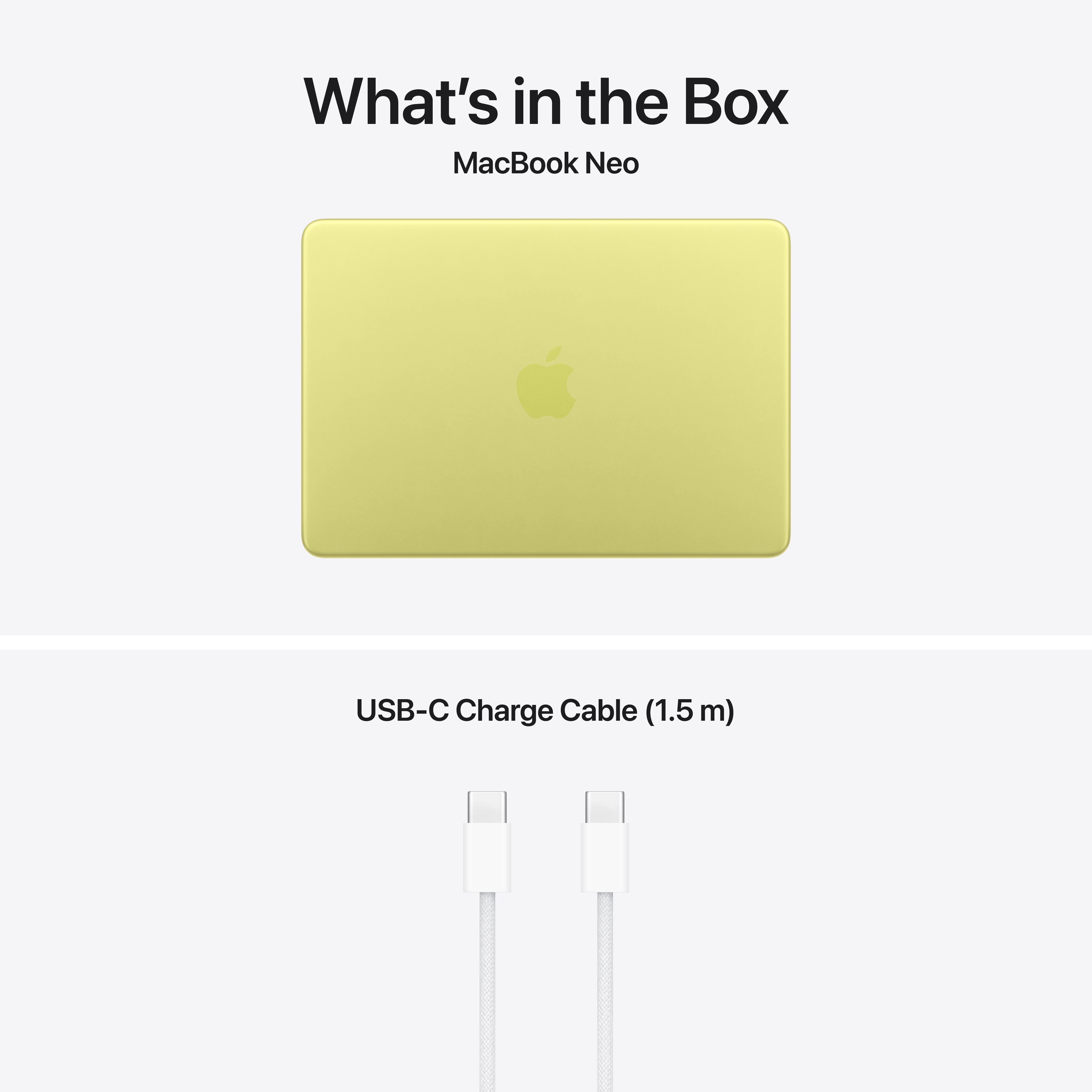 Un MacBook Neo jaune et un câble de recharge USB-C blanc.