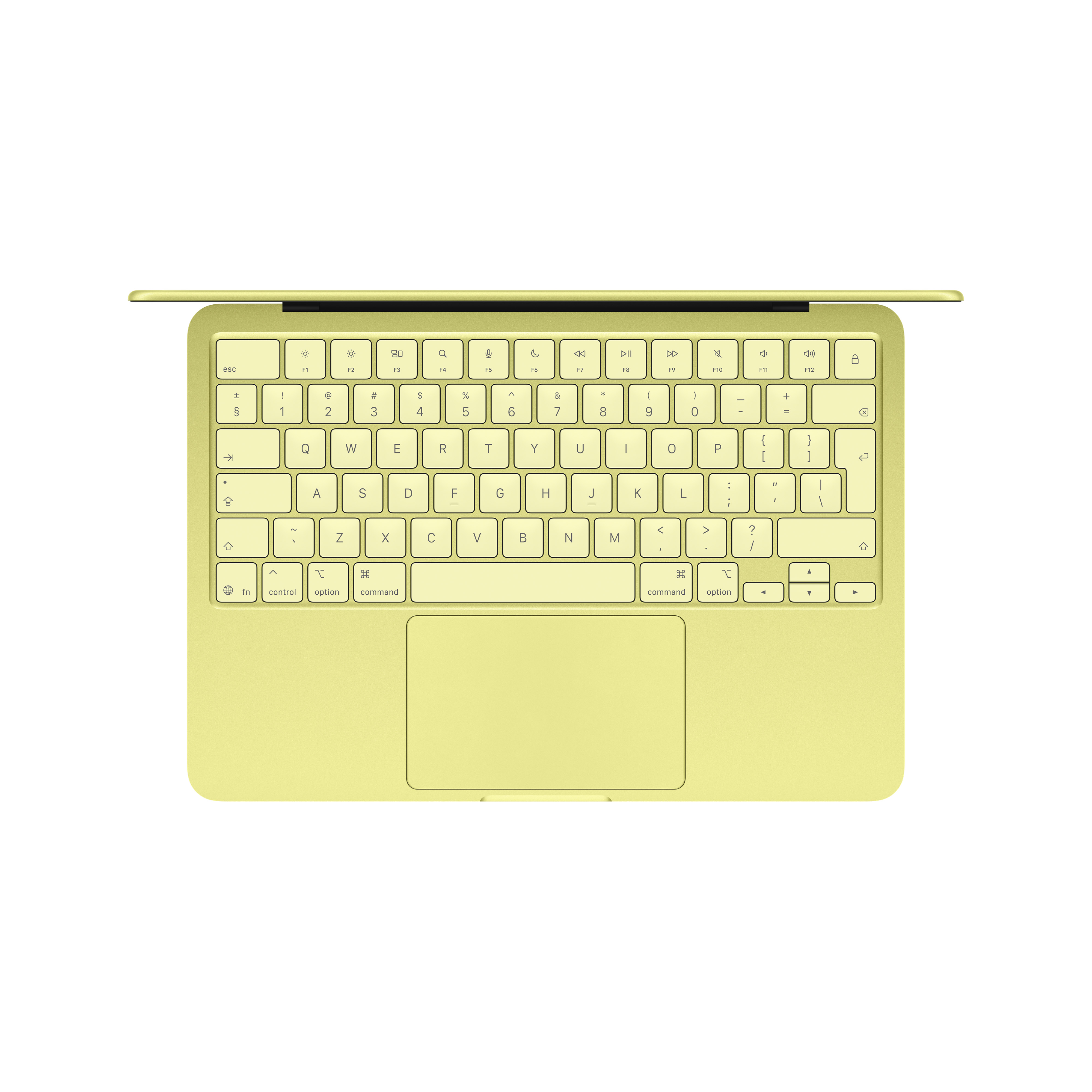 Un MacBook Air Apple jaune clair vu de dessus, montrant clavier et trackpad.