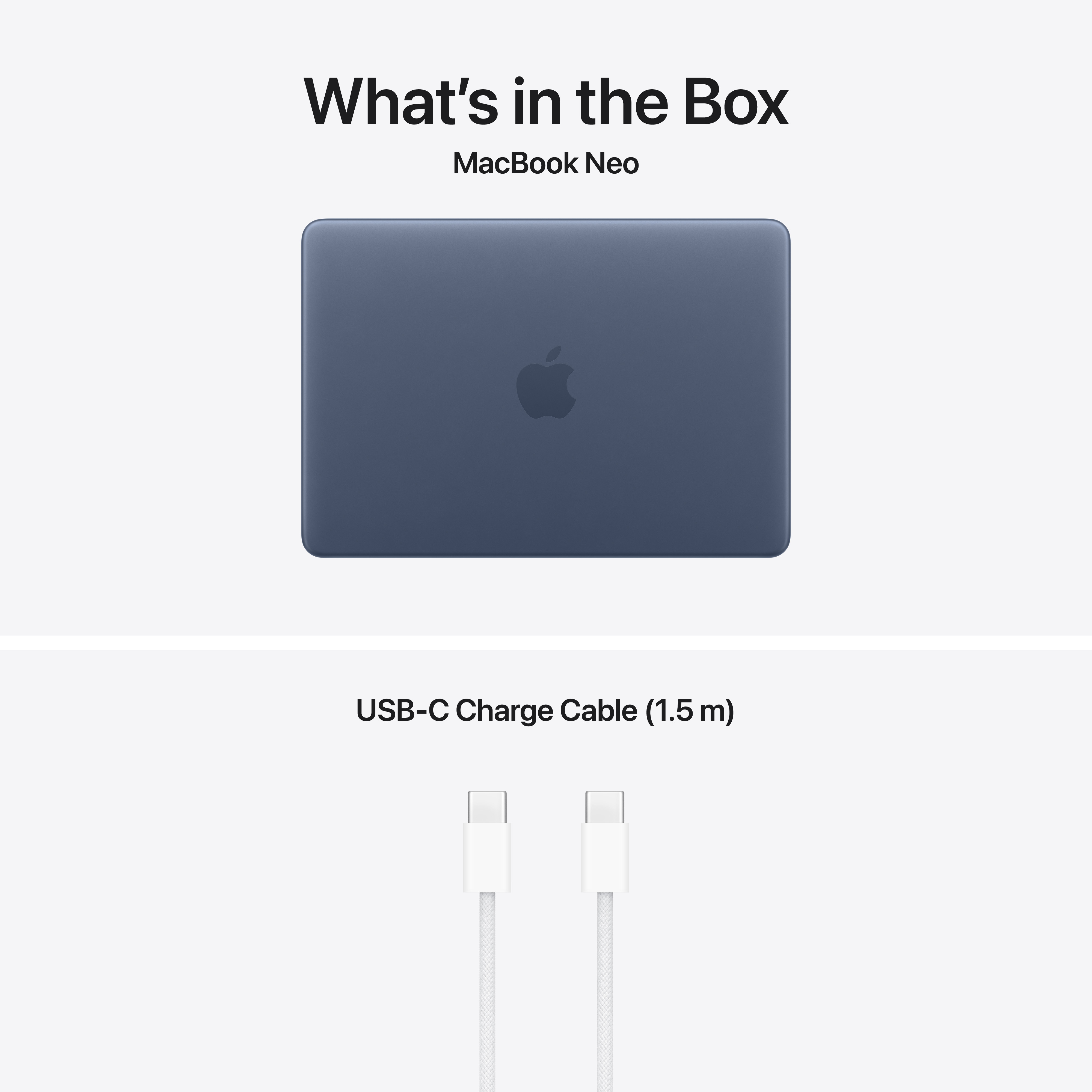 Ein dunkelblauer MacBook Neo und ein weißes USB-C-Ladekabel.