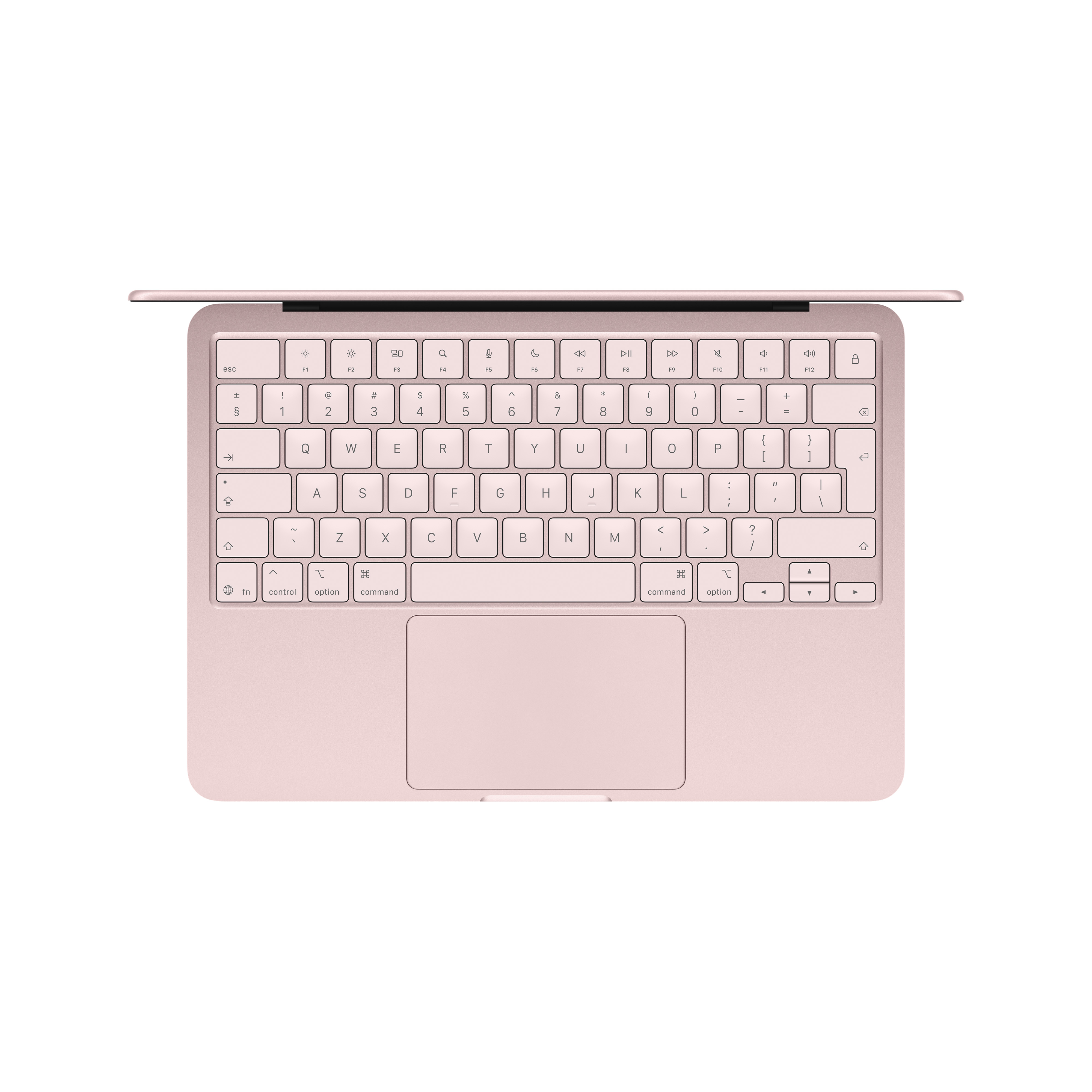Ein rosafarbener Laptop, von oben gesehen, mit Tastatur und Touchpad.