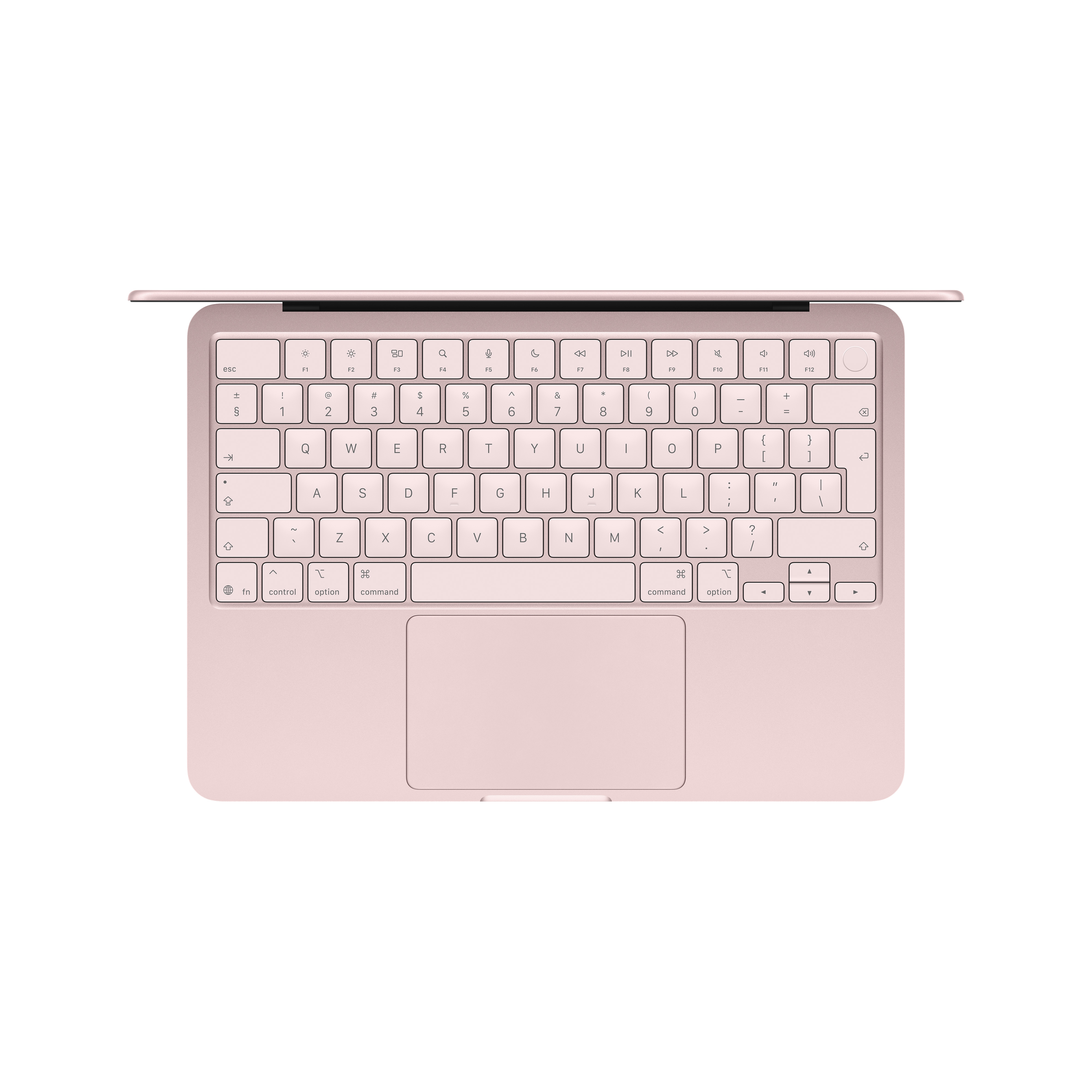Un ordinateur portable or rose est ouvert, montrant le clavier et le trackpad.