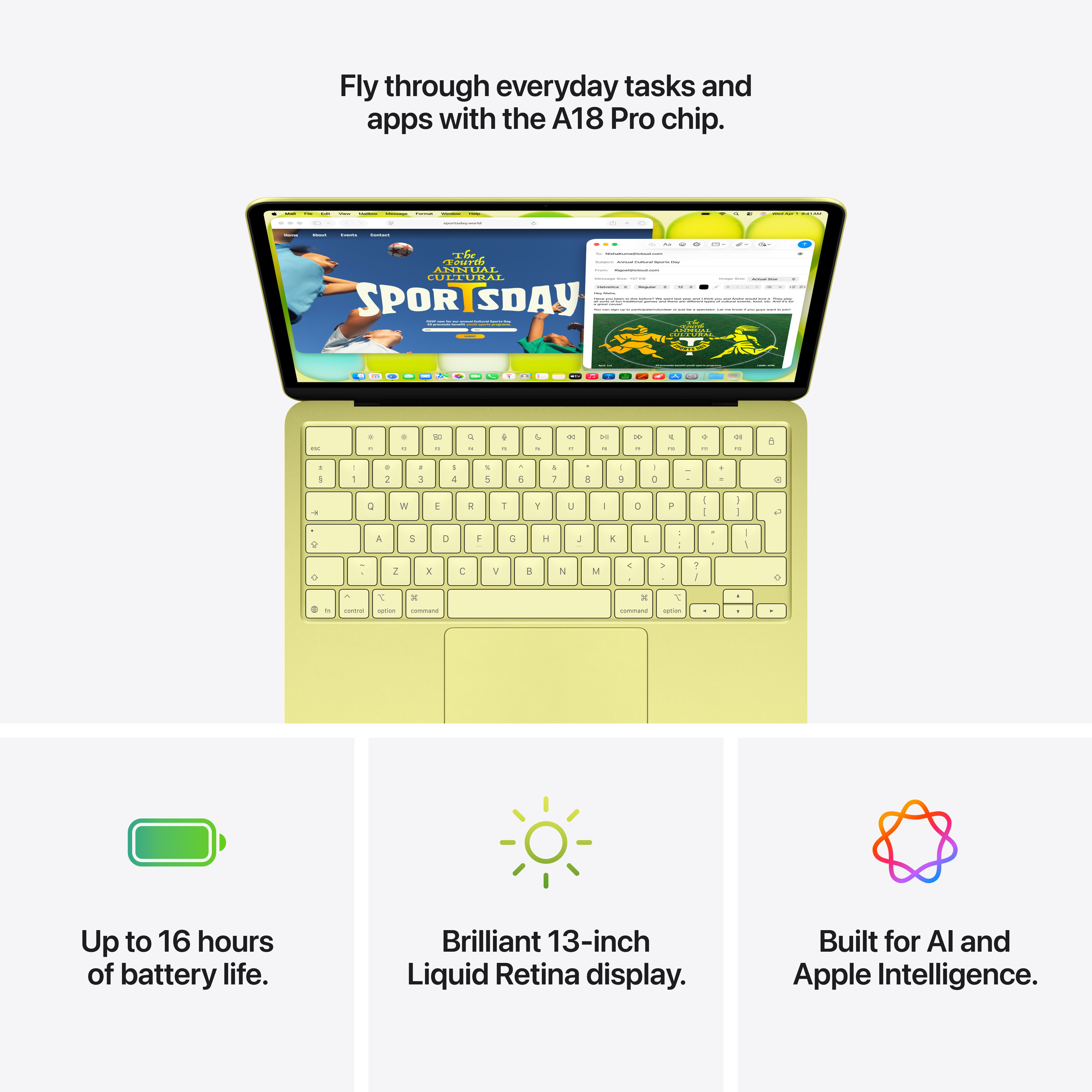 Ein hellgelbes Laptop mit geöffnetem Bildschirm, der eine Webseite und E-Mails zeigt.