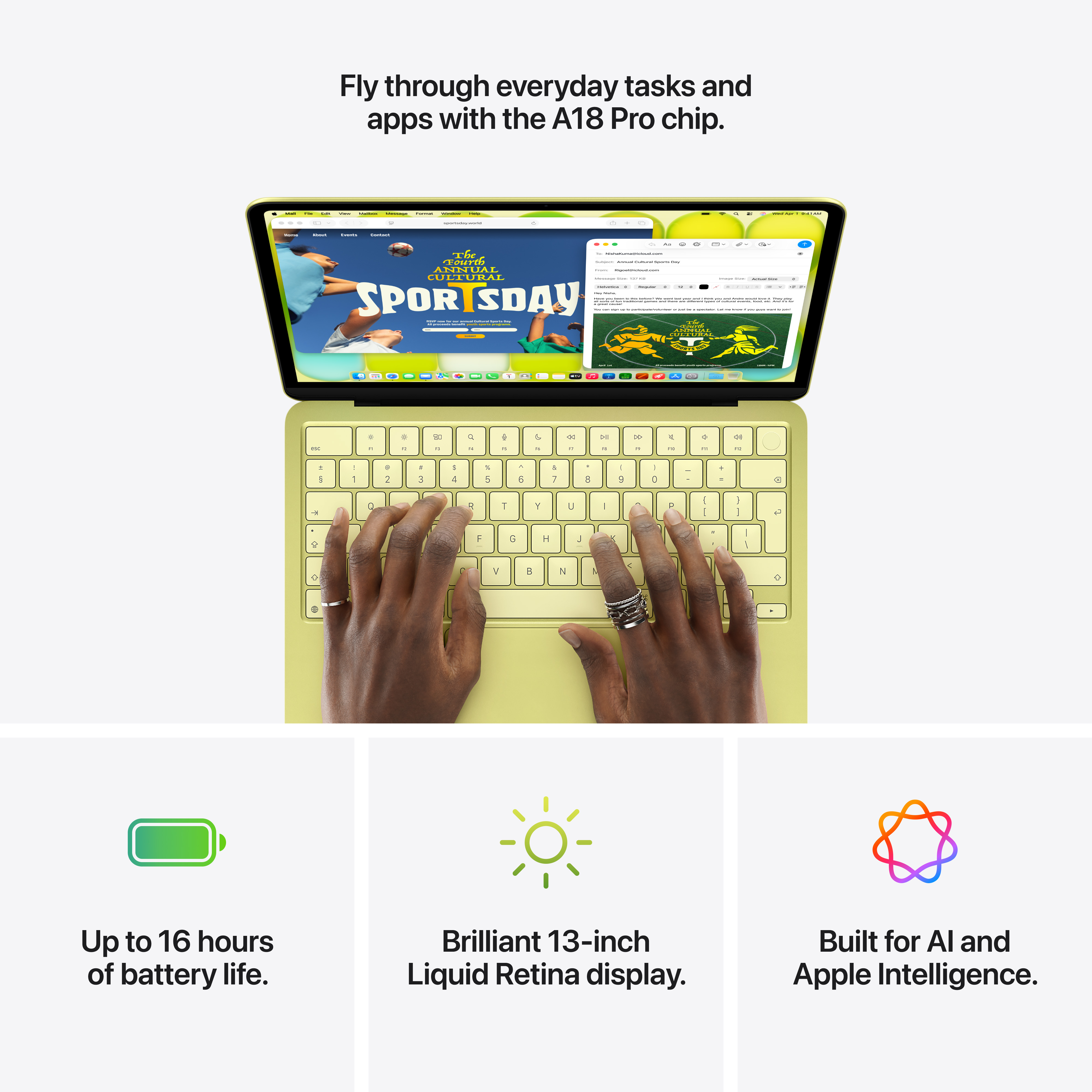 Une personne tape sur un clavier vert clair. L'écran de l'ordinateur portable affiche une page web et un e-mail.