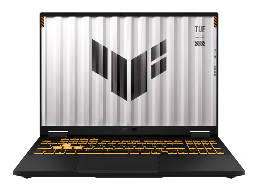 Czarny laptop z podświetlaną żółtą klawiaturą i srebrnym paskiem na ekranie.