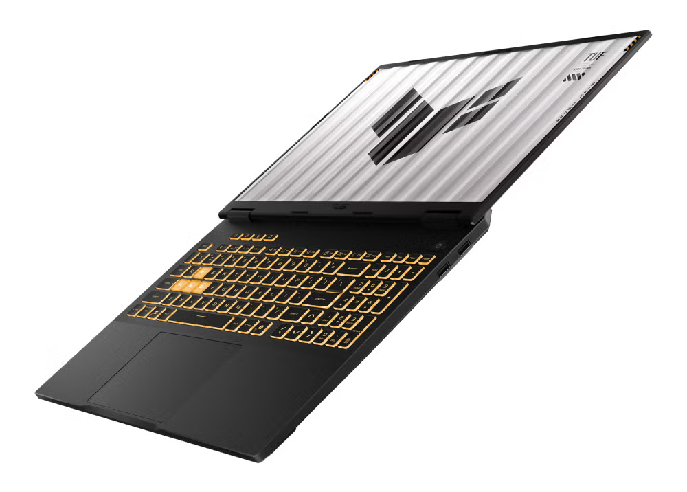 Czarny laptop z podświetlaną klawiaturą i dużym logo na ekranie.