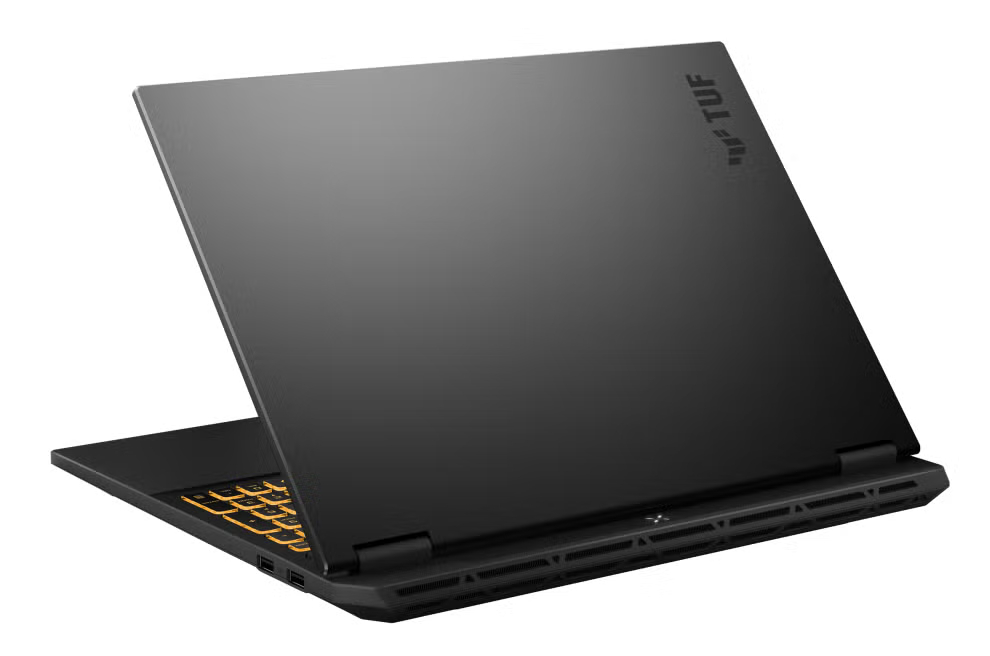 Czarny laptop z podświetlaną żółtą klawiaturą, logo TUF na pokrywie.